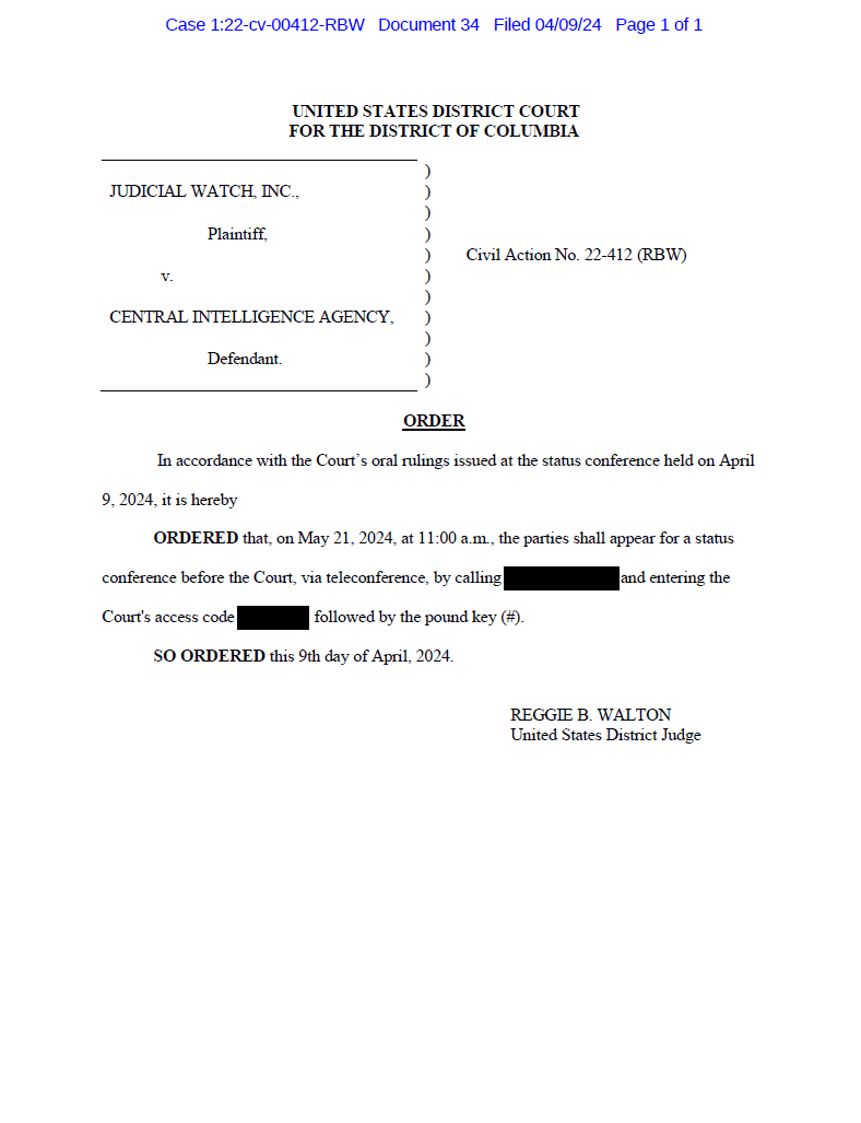 JW v CIA Sussmann May hearing order