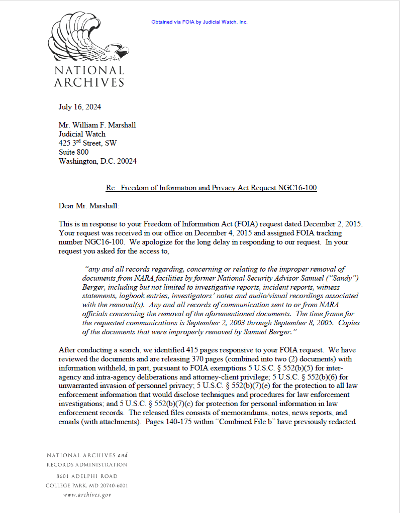 NARA Records on Sandy Berger 2024