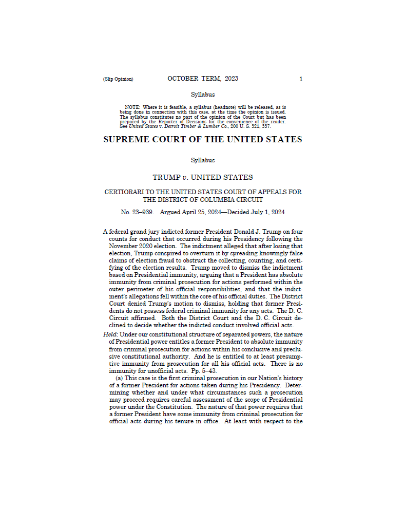 Trump v. U.S. SCOTUS Immunity Ruling 23–939
