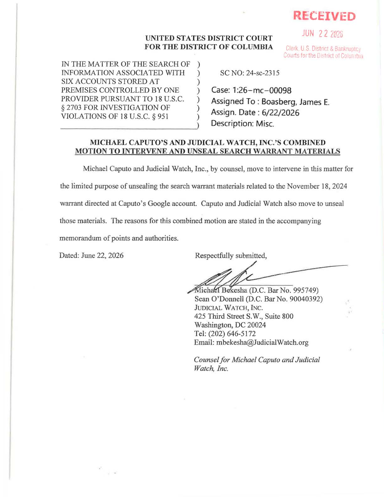 Caputo Motion to Unseal 2315 00098