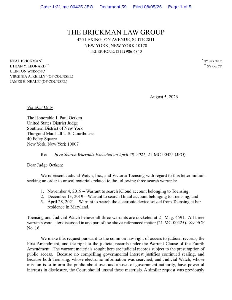 Toensing Motion to Unseal August 2026
