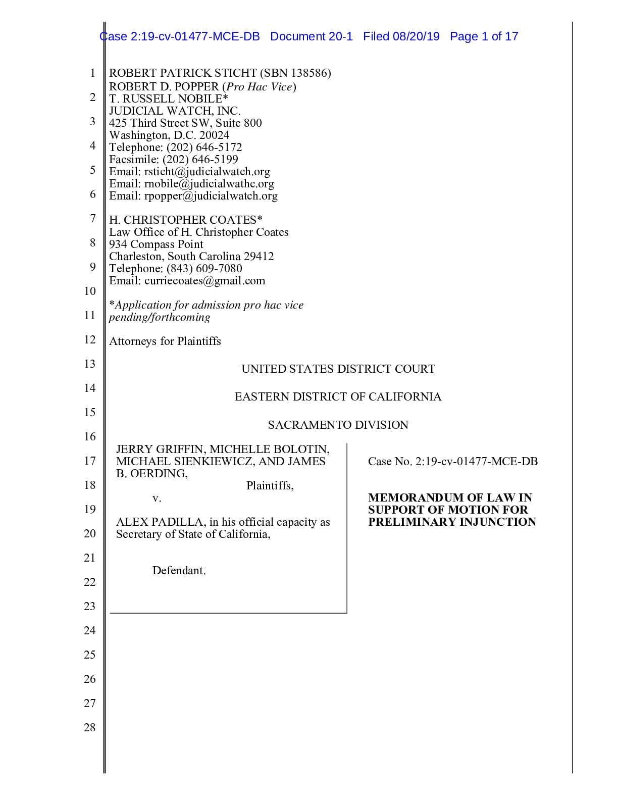 Griffin v Padilla Memorandum ISO PI 01477