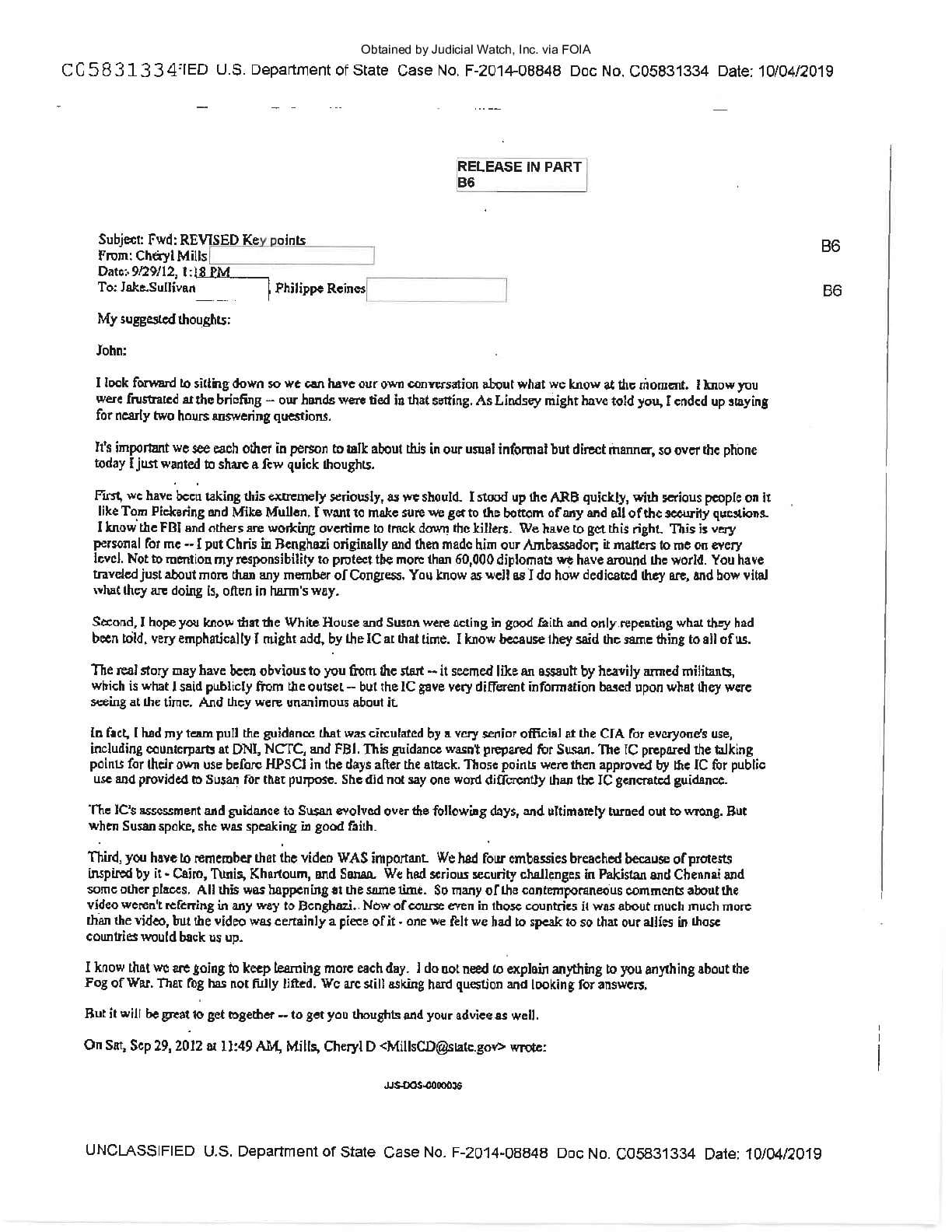 JW v State Unredacted 2012 Benghazi email 01242