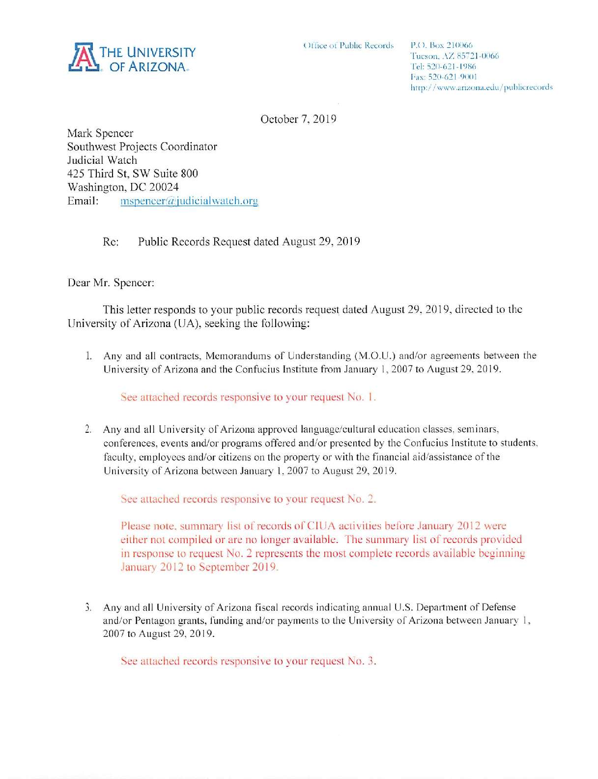 University of Arizona Public Records Request