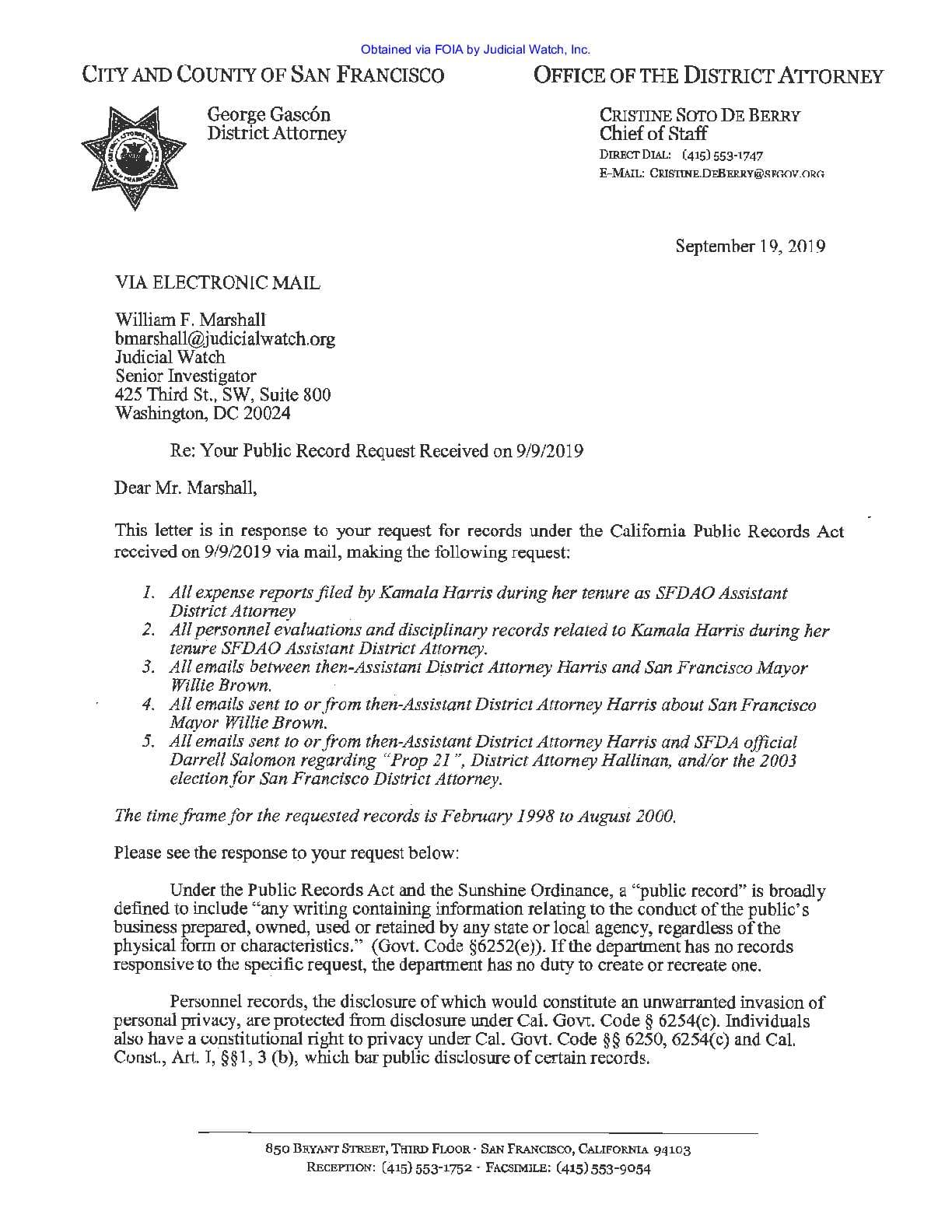 Kamala Harris personnel records-public records request