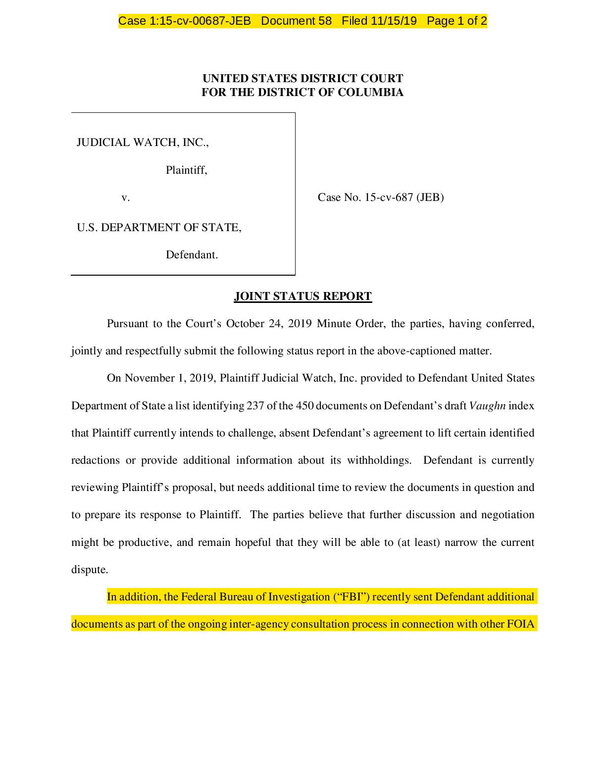 JW v State HRC Emails status report 00687