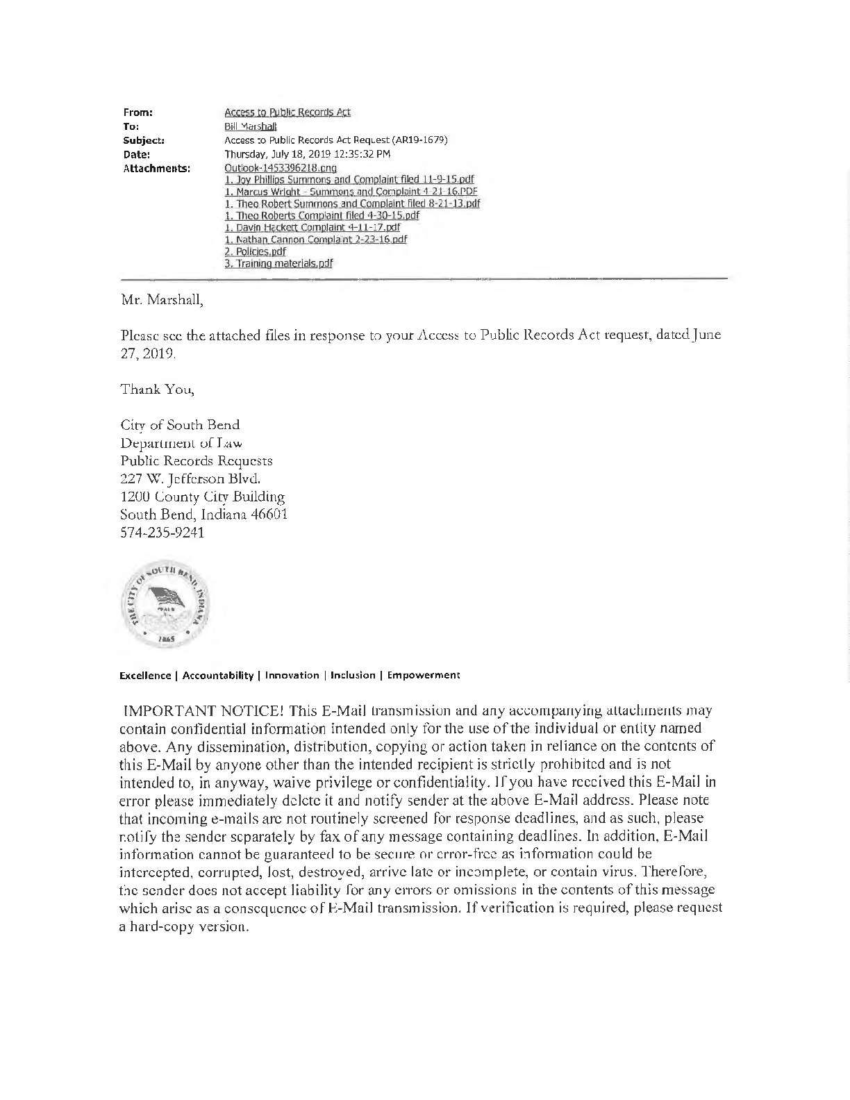 2019 South Bend Police Dept FOIA training records
