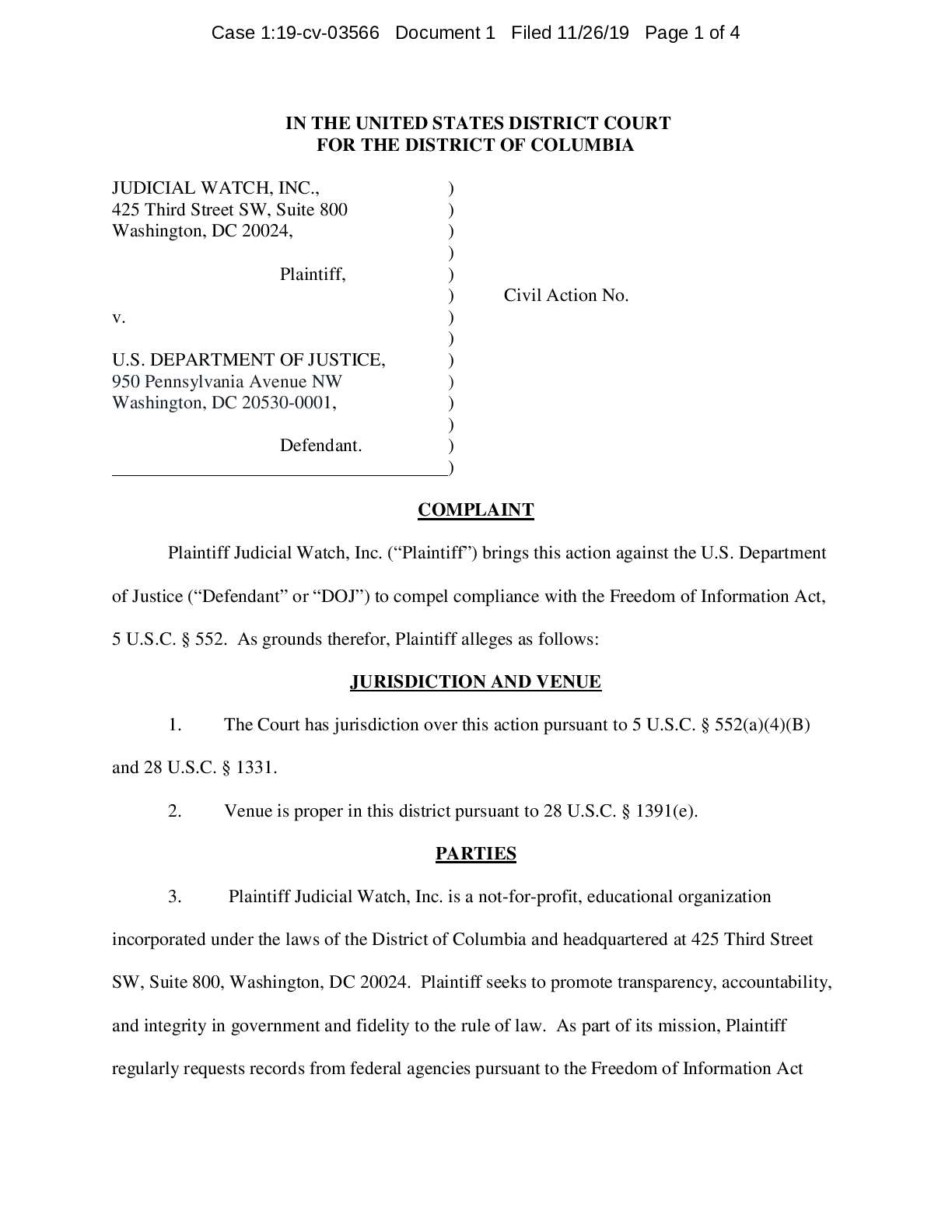 JW v U.S. Department of Justice Complaint 03566