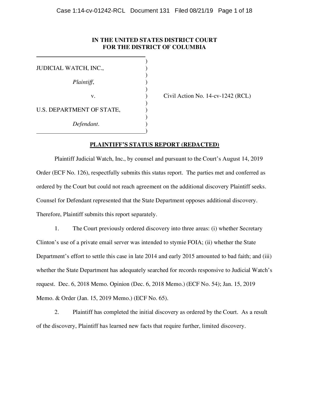 JW v State Hillary Clinton emails status report 01242