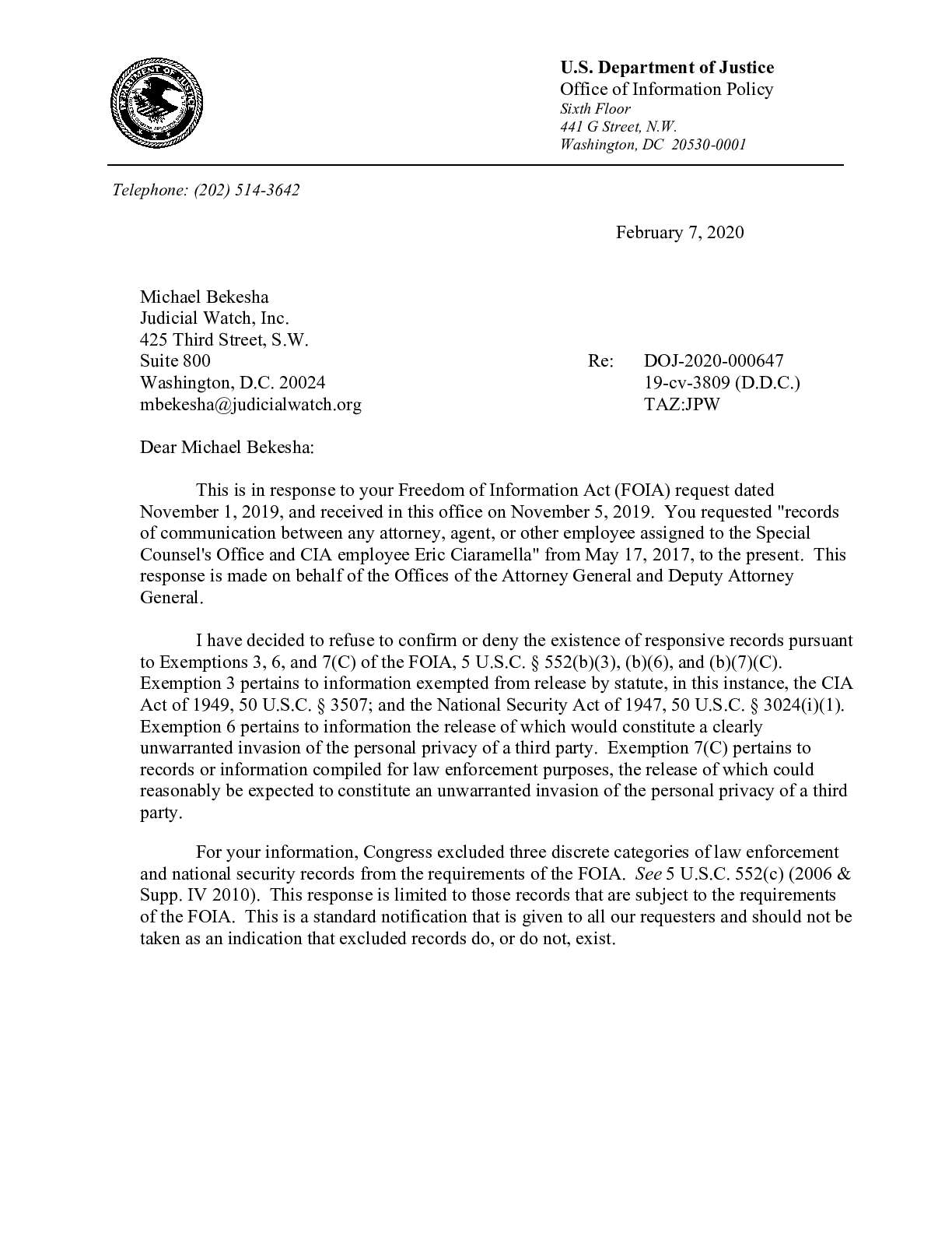 JW v. DOJ Whistleblower Glomar 03809