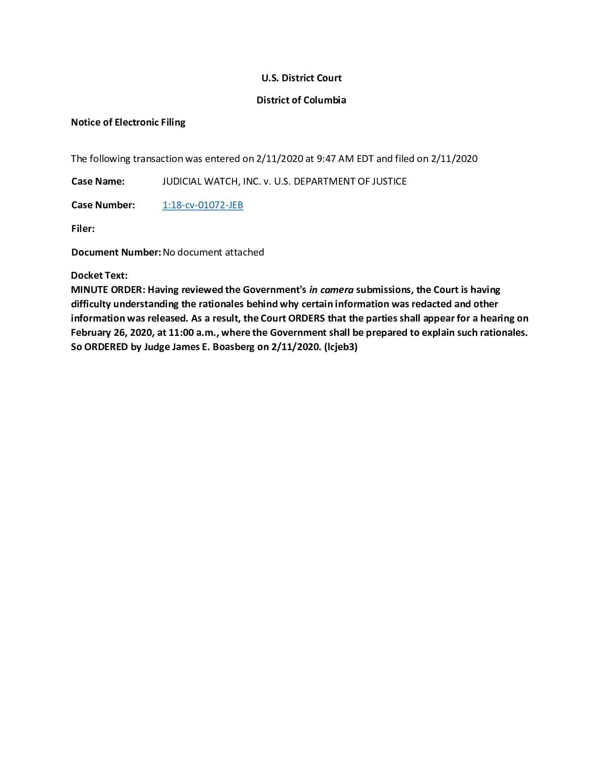 JW v DOJ Blagojevich 302 hearing order 01072