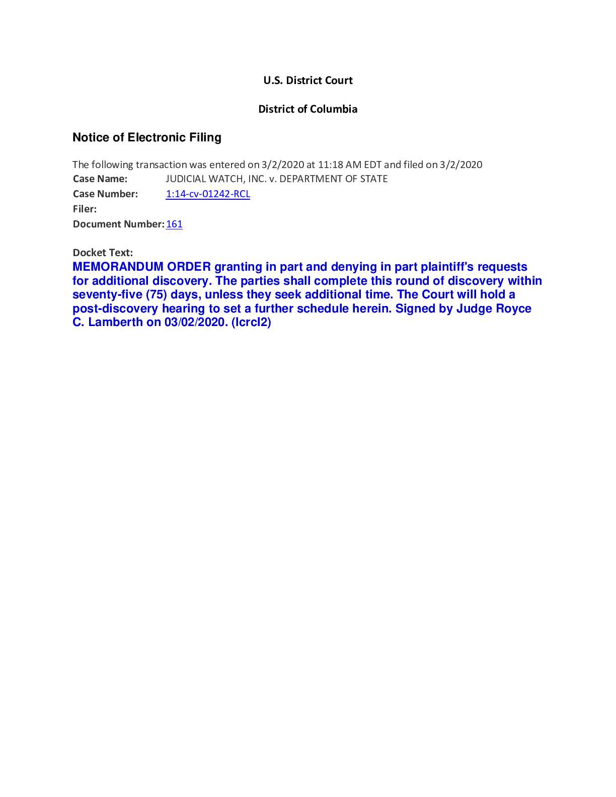 JW v State Hillary Deposition Order 01242