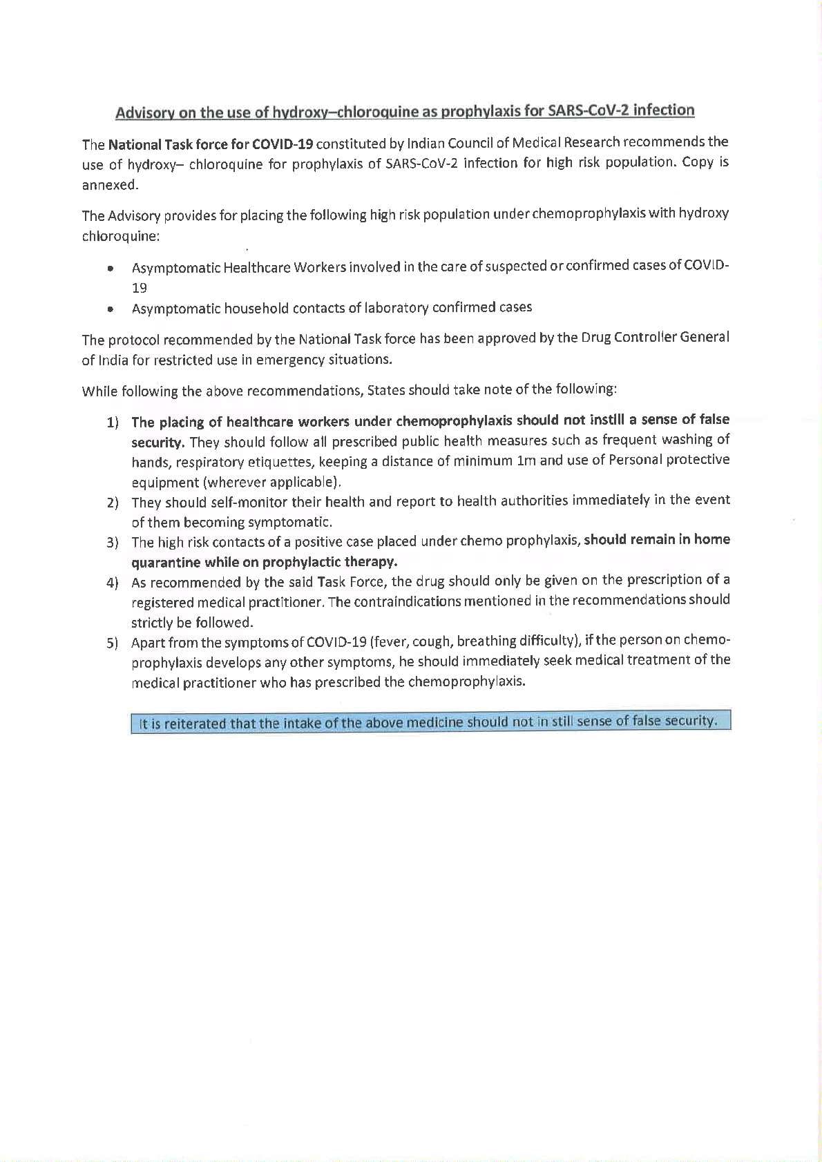 India Advisory on Hydroxychloroquine