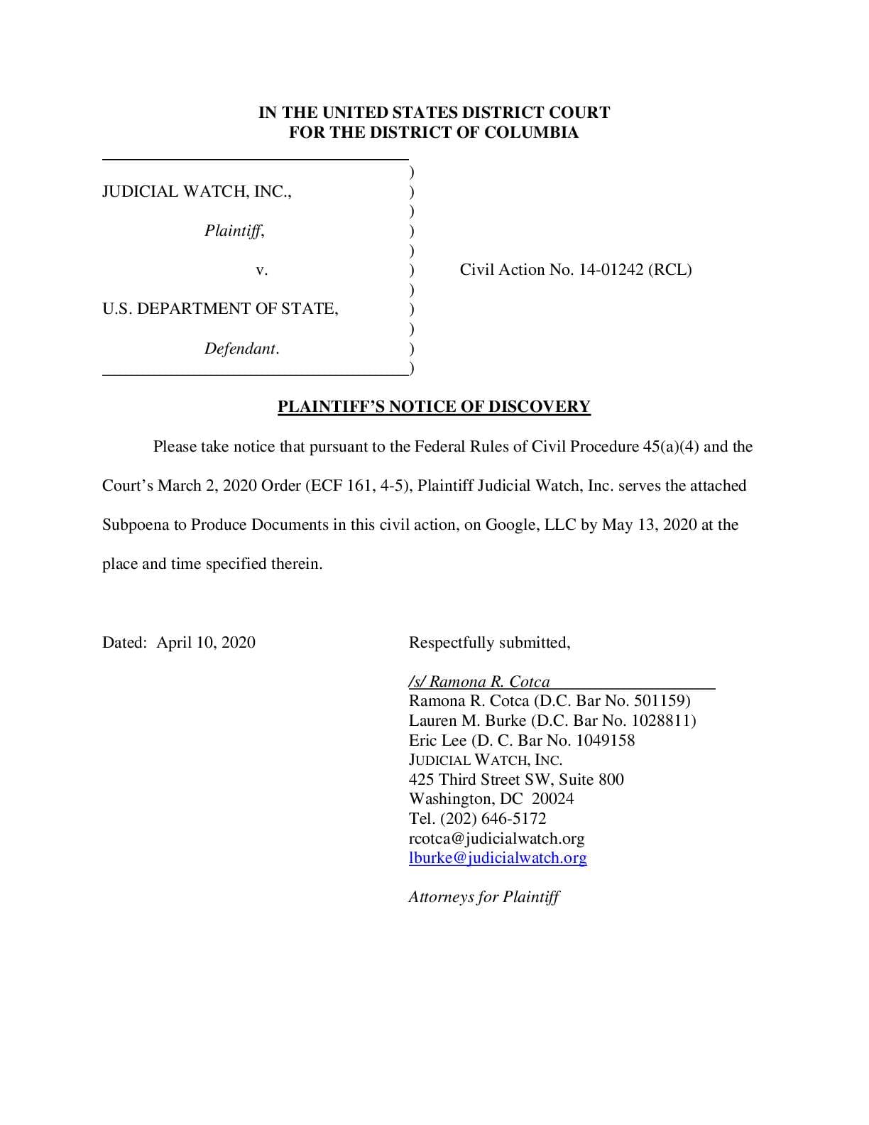 JW v State Google Discovery Subpoena 01242