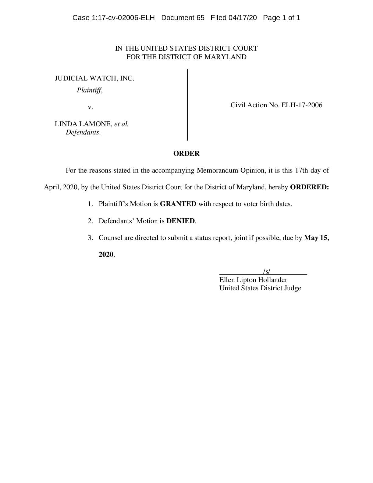 Judicial Watch, Inc. v. Lamone et al Order Opinion 02006