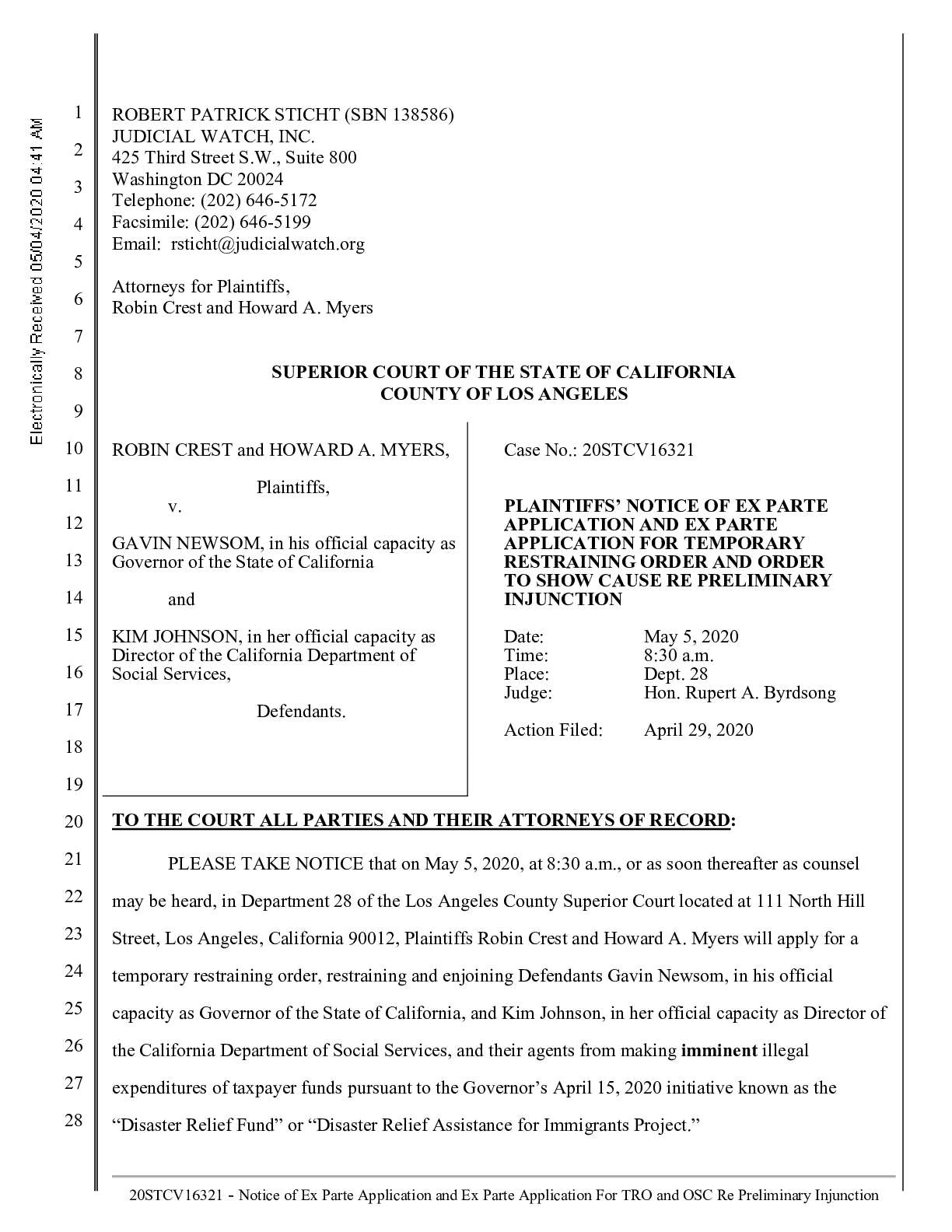 Crest v Newsom TRO application 16321