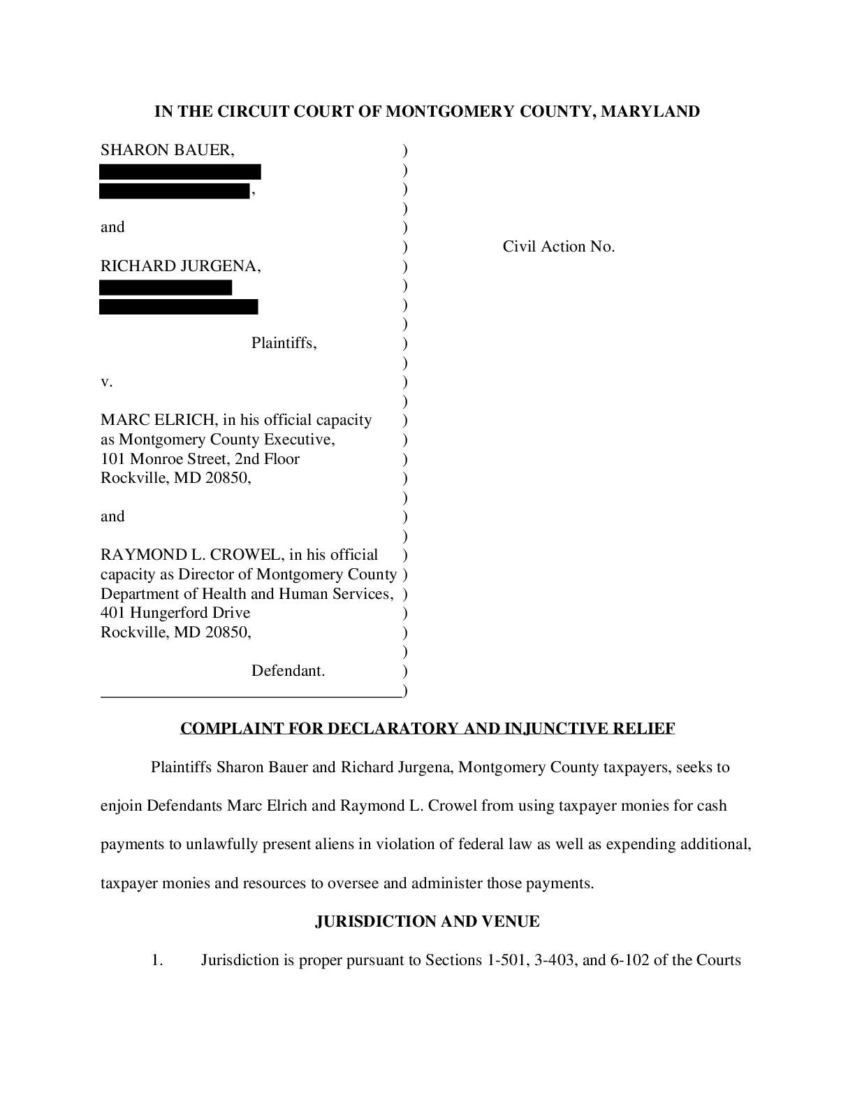Bauer v Elrich Mont Co MD complaint 482061V