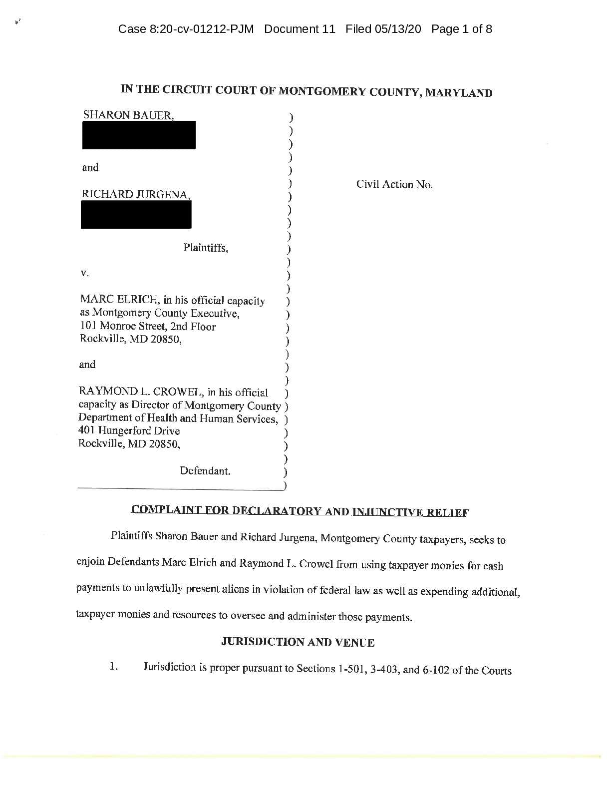 Bauer v Elrich Mont Co MD complaint 01212