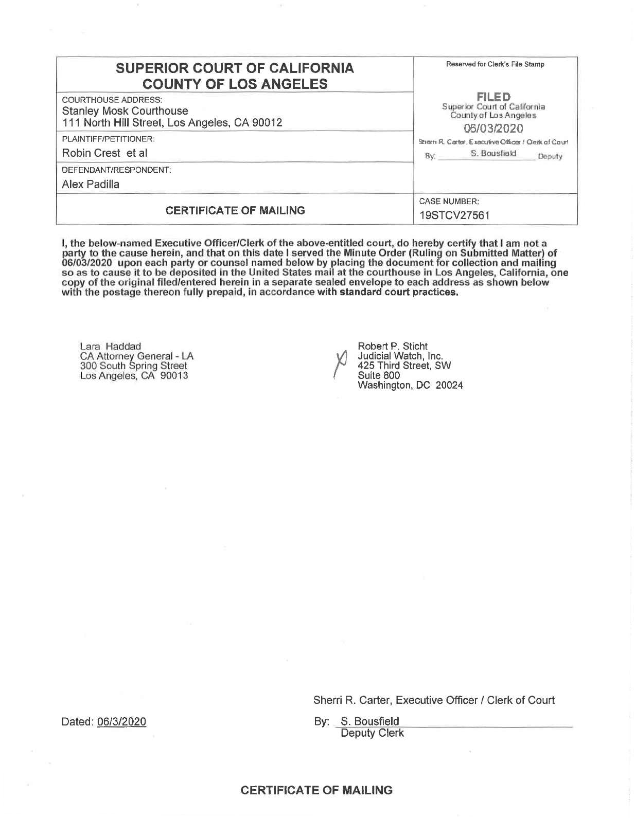 Crest v Padilla motion denied 27561