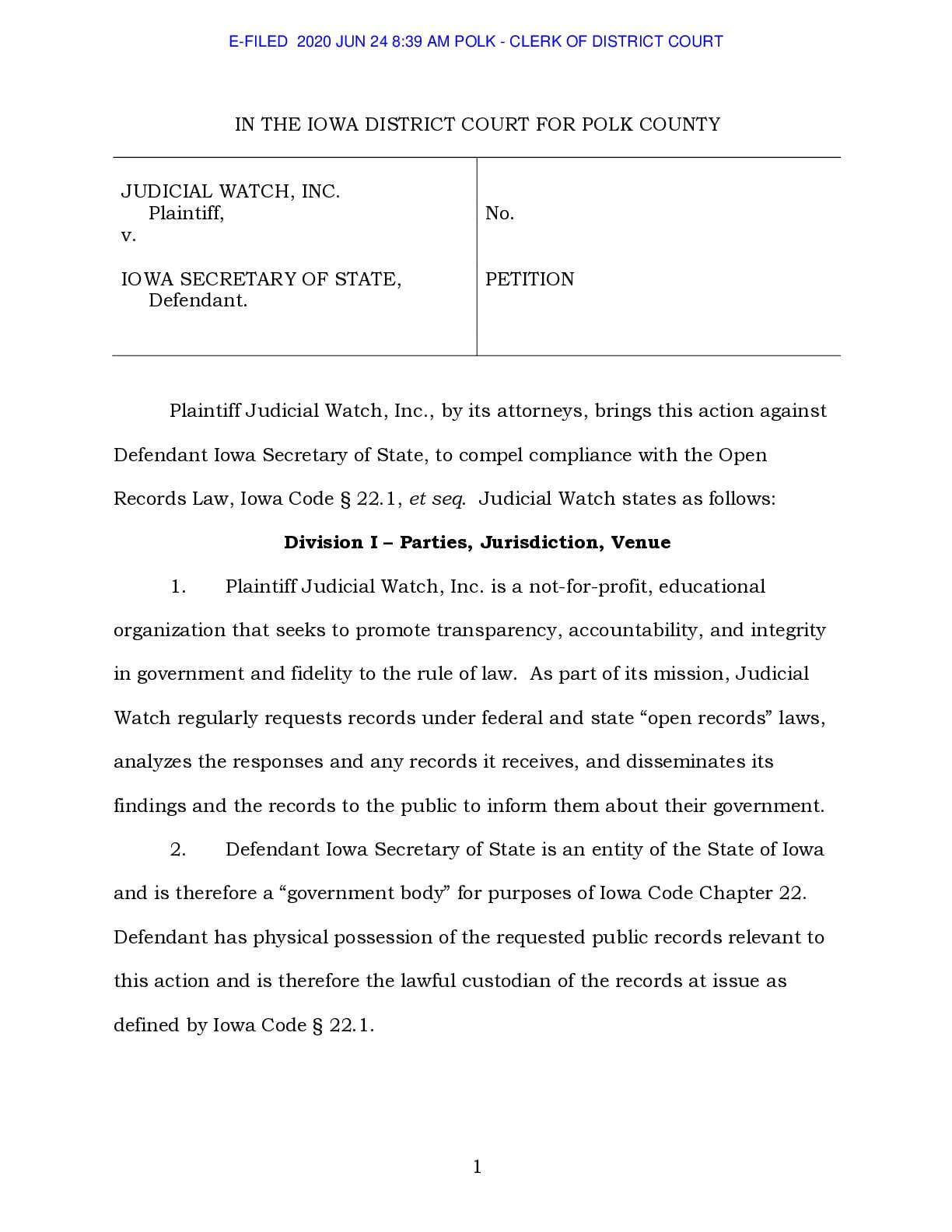 JW v Iowa Sec State petition EQCE085973