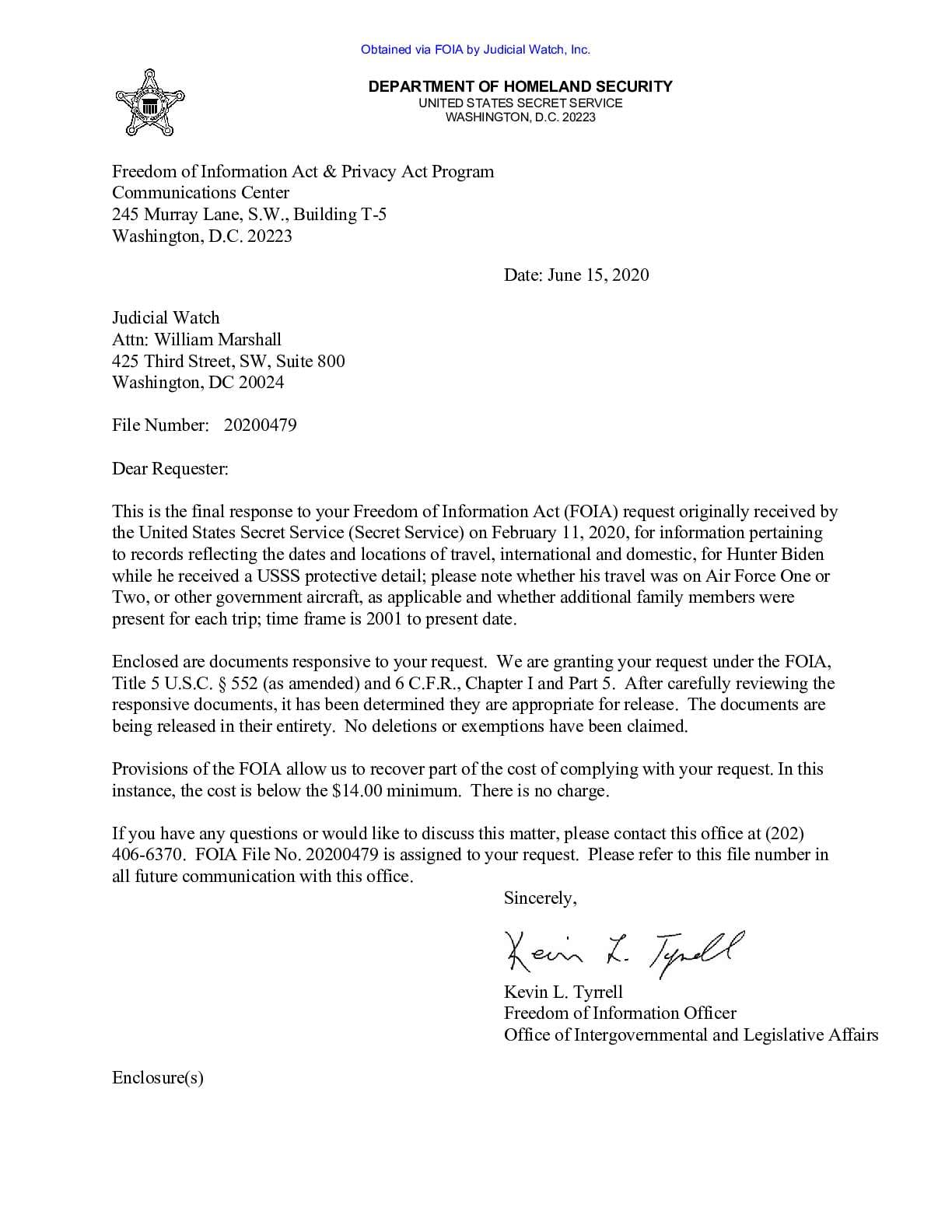 Hunter Biden travel June 2020 FOIA