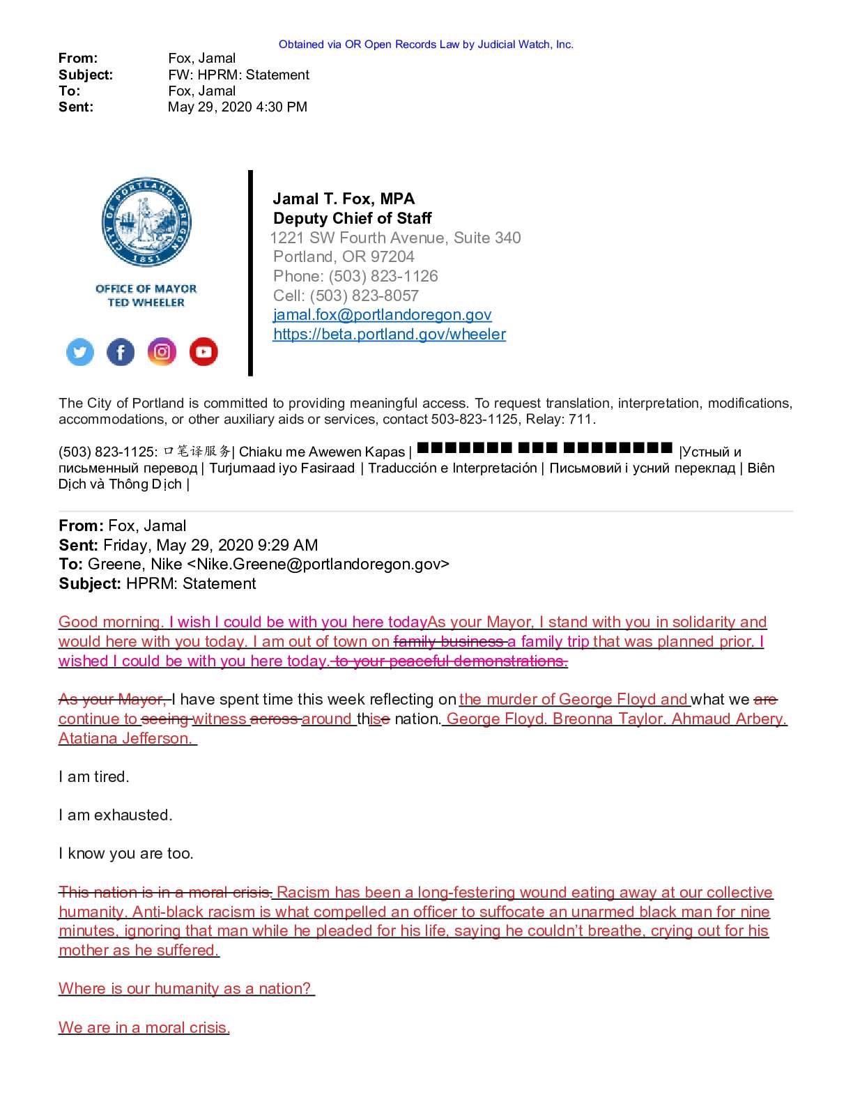 Portland Mayor Ted Wheeler communications BLM Antifa pg 59