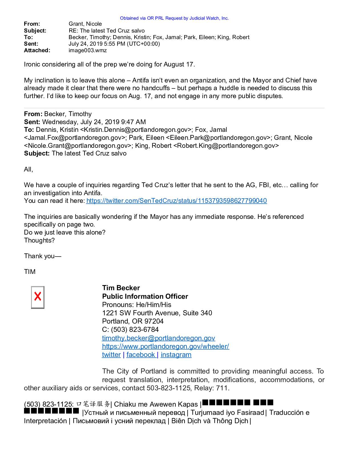 Portland Mayor Ted Wheeler communications BLM Antifa pg 278