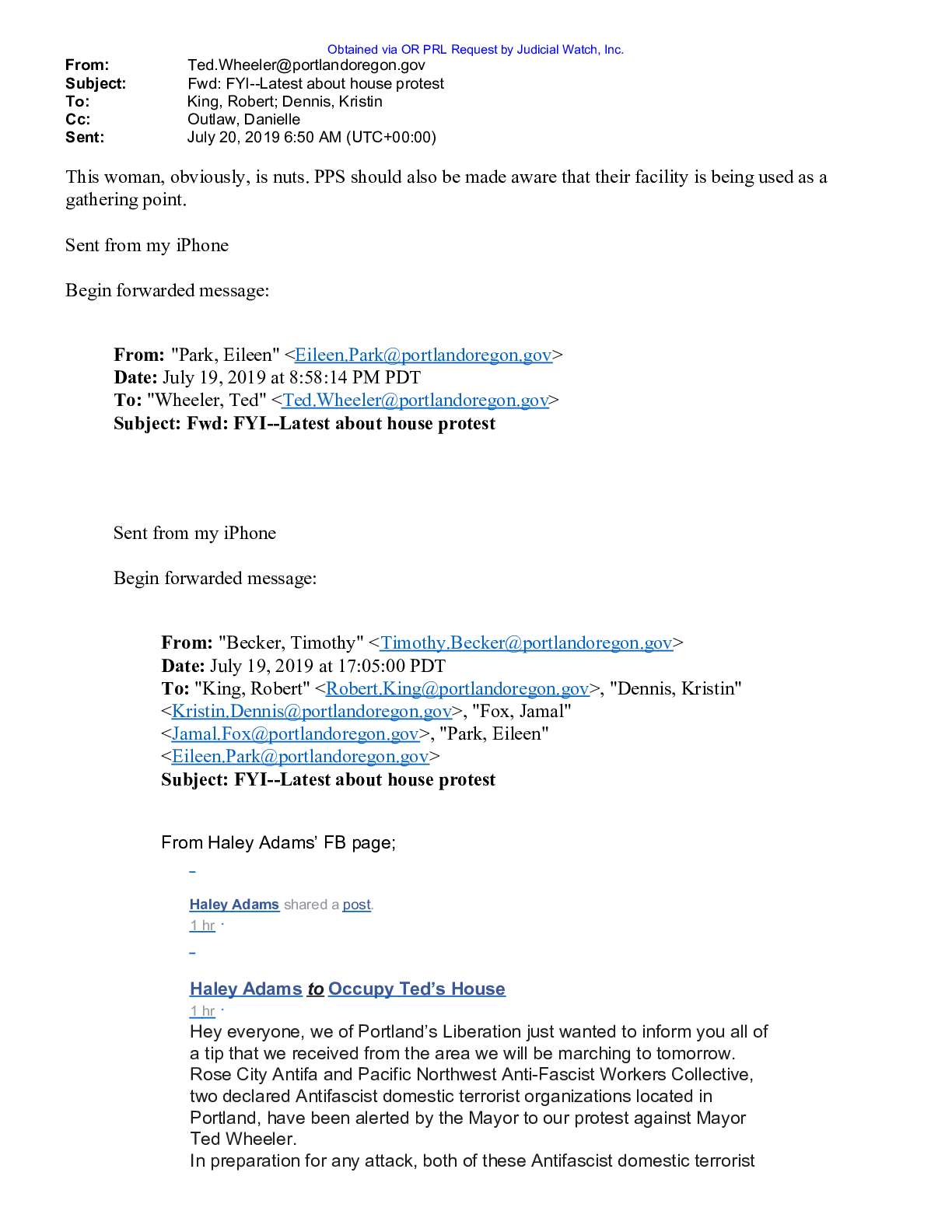 Portland Mayor Ted Wheeler communications BLM Antifa pgs 286-287