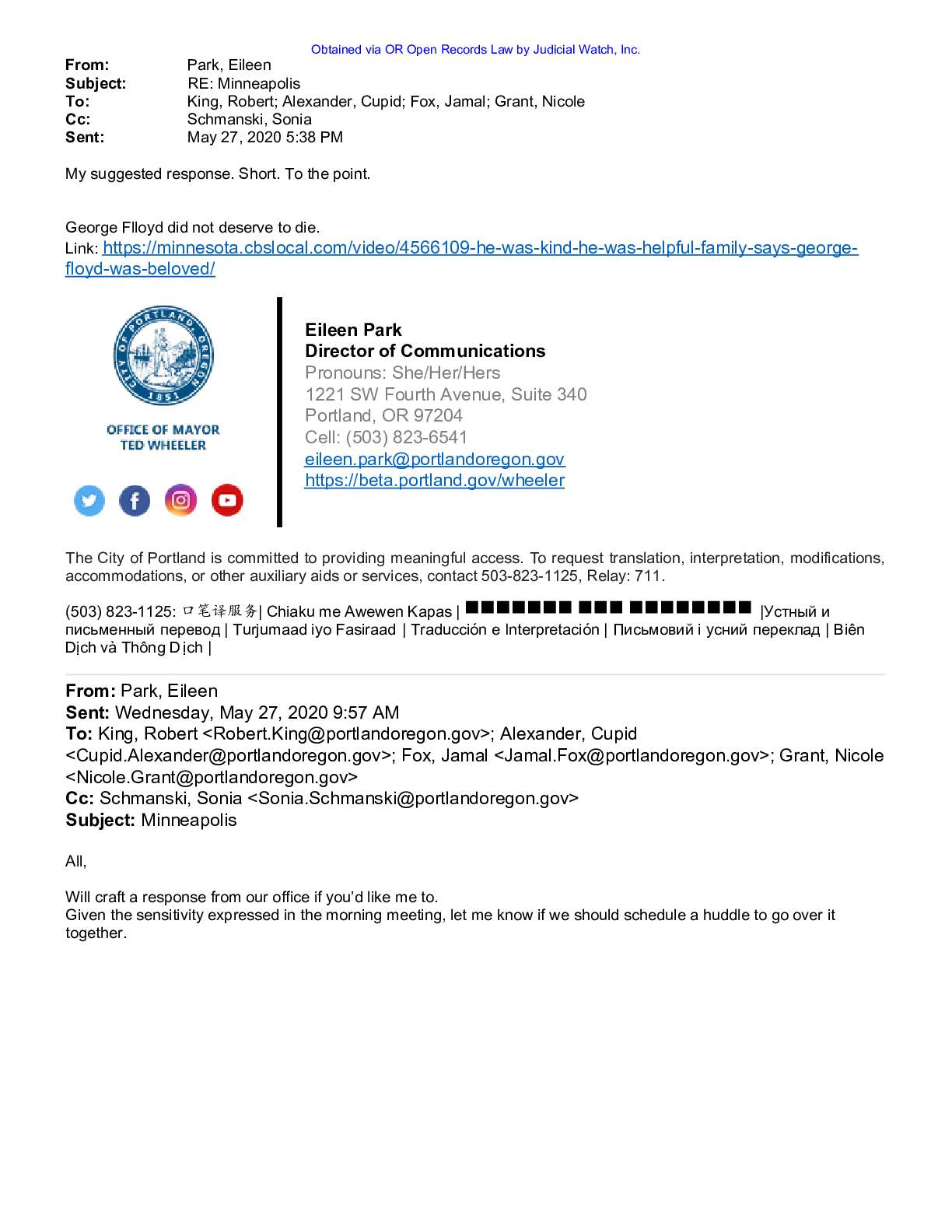 Portland Mayor Ted Wheeler communications BLM Antifa pg 1