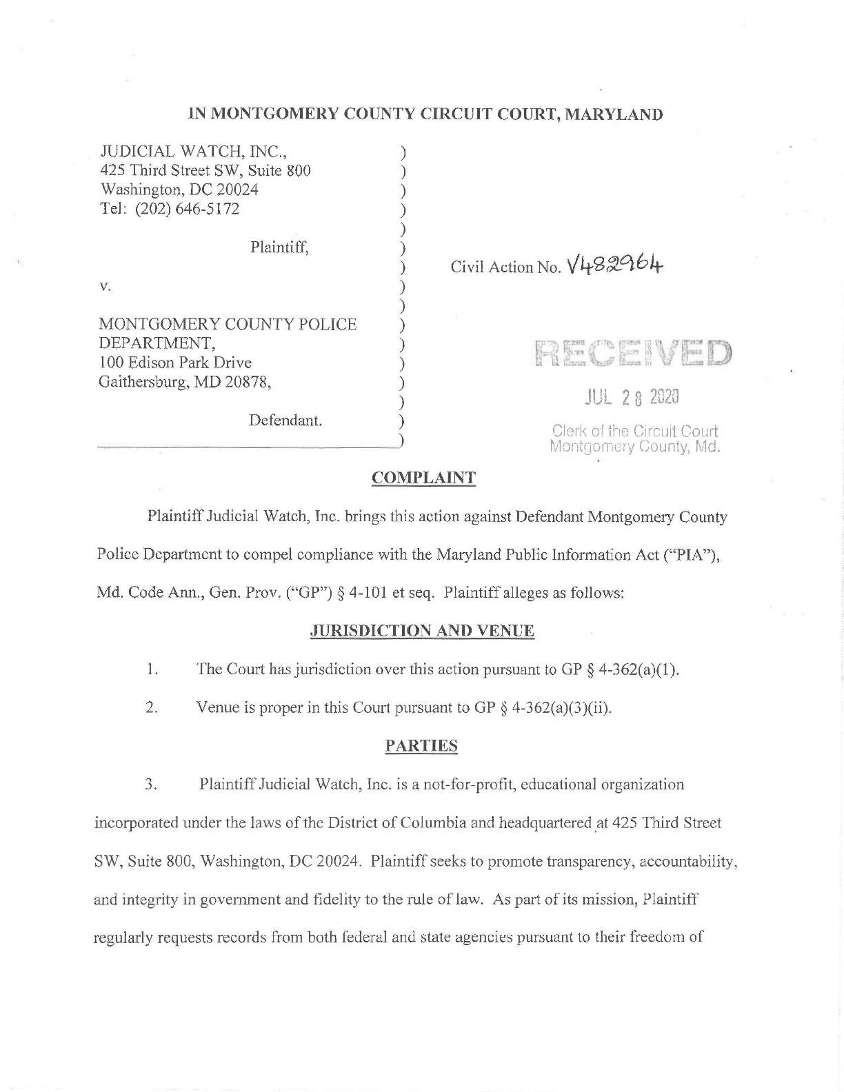 JW. v. Montgomery County Police Dep’t complaint V482964
