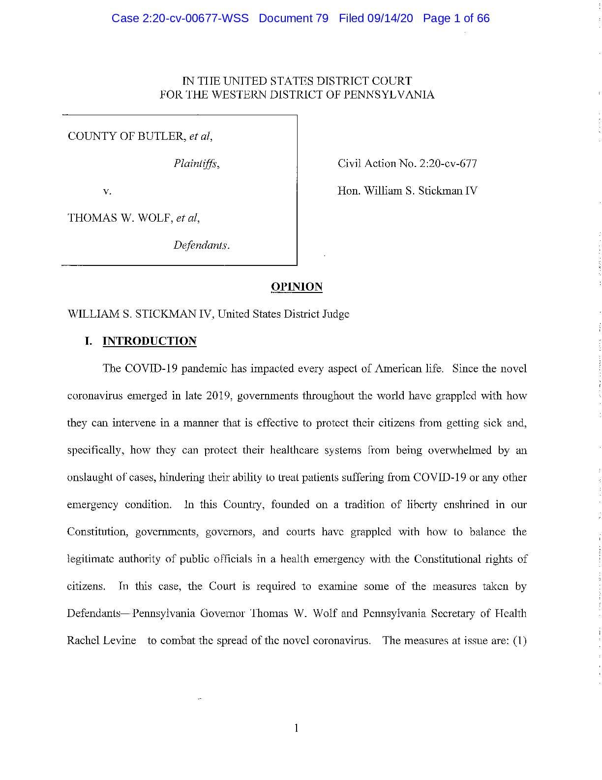 Federal Court Ruling Finding Pennsylvania Coronavirus Restrictions Unconstitutional: County of Butle...