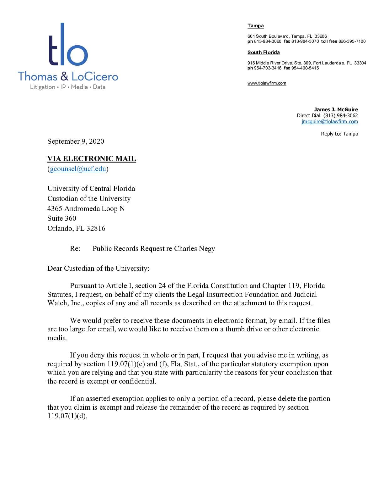 UCF records request Negy Sept 2020