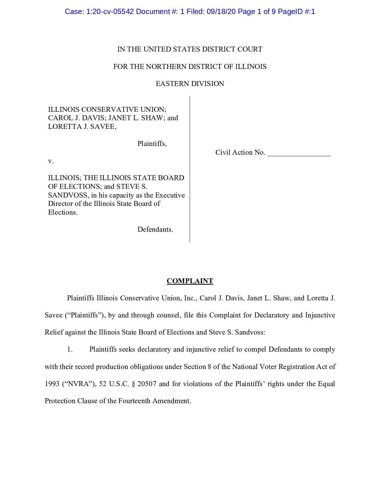 Illinois Conservative Union et al. v Illinois et al. complaint 05542