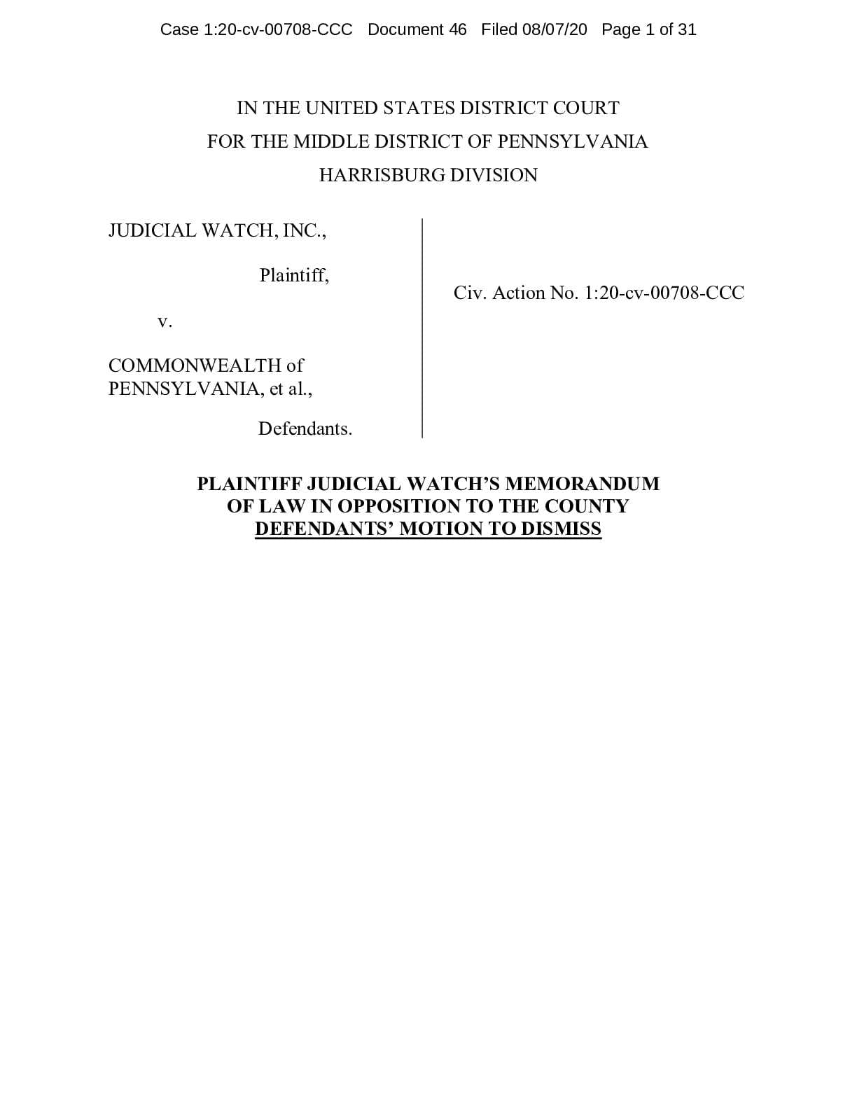 JW v PA NVRA Opposition 06000