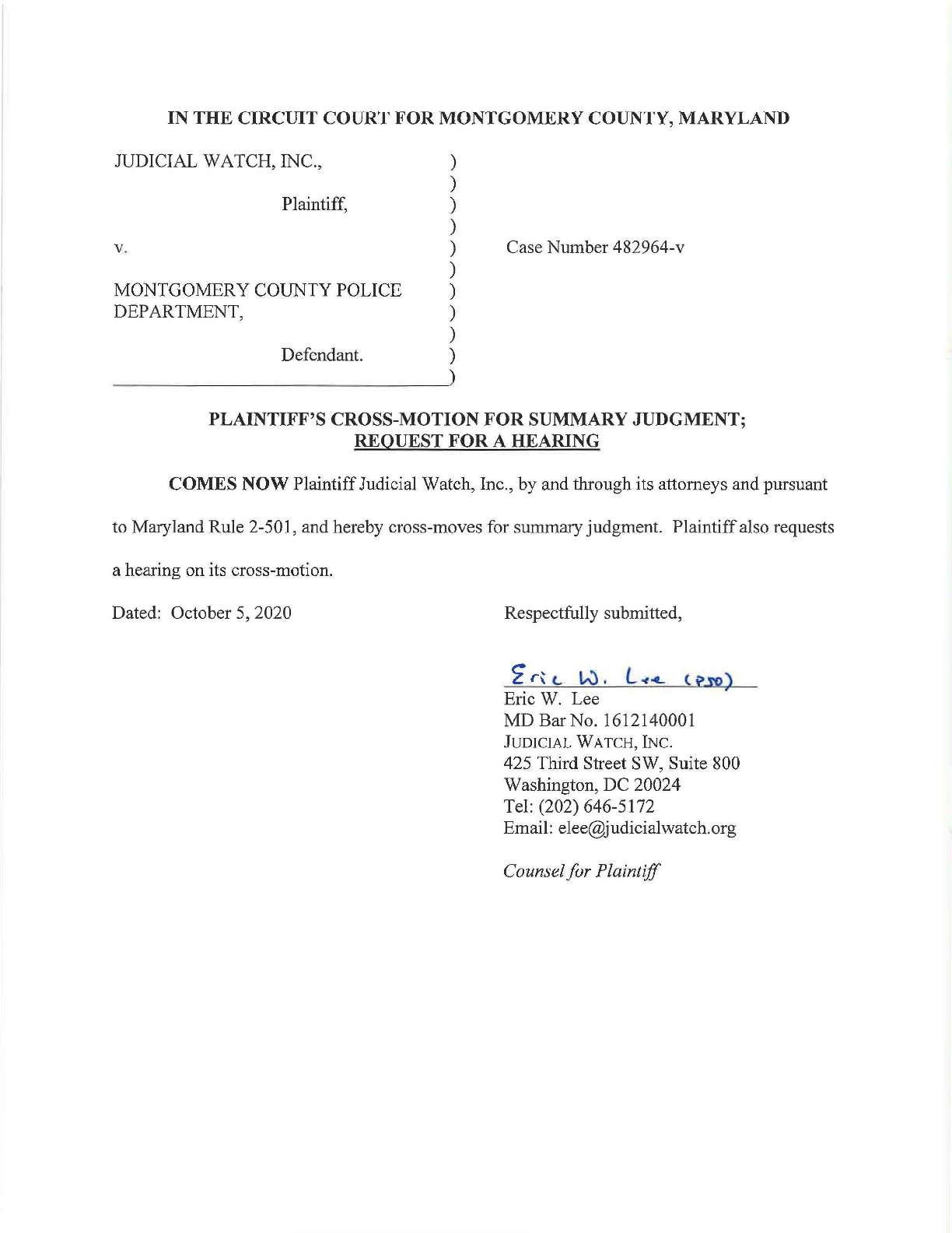 JW v. Montgomery Co Police Dept motion and memo 482964