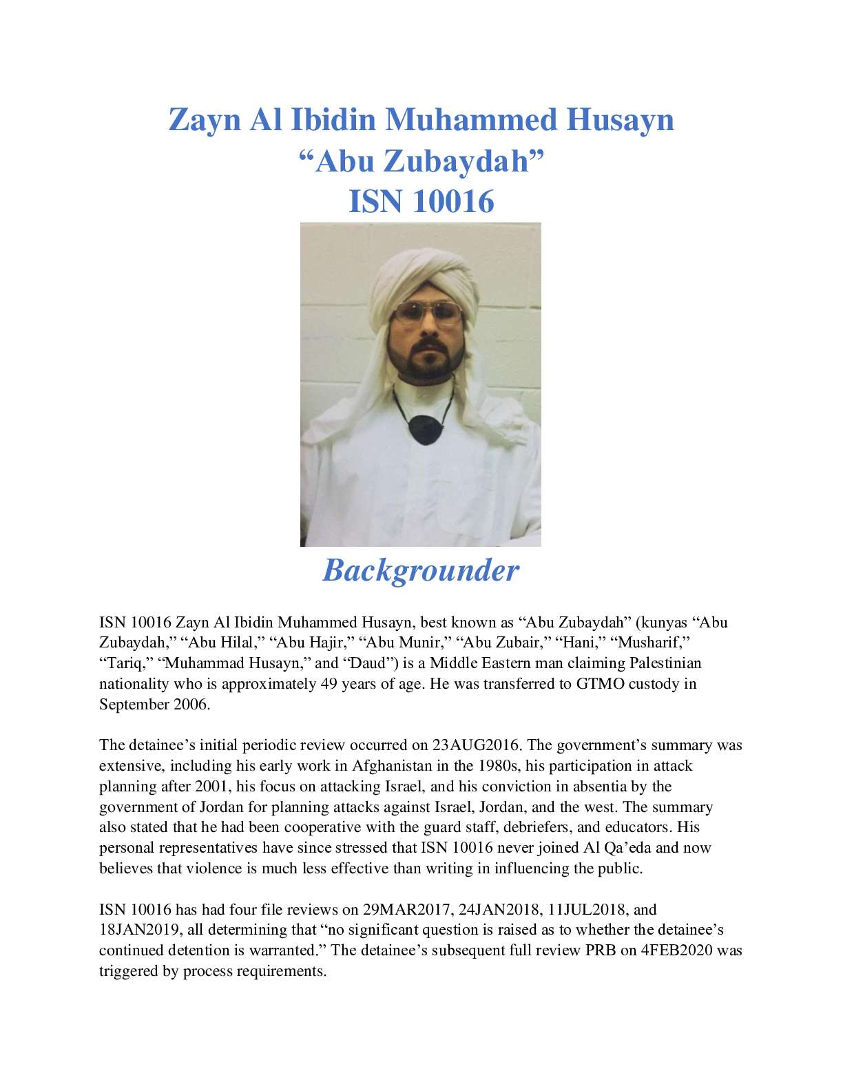 ISN 10016 Zayn Al Ibidin Muhammed Husayn