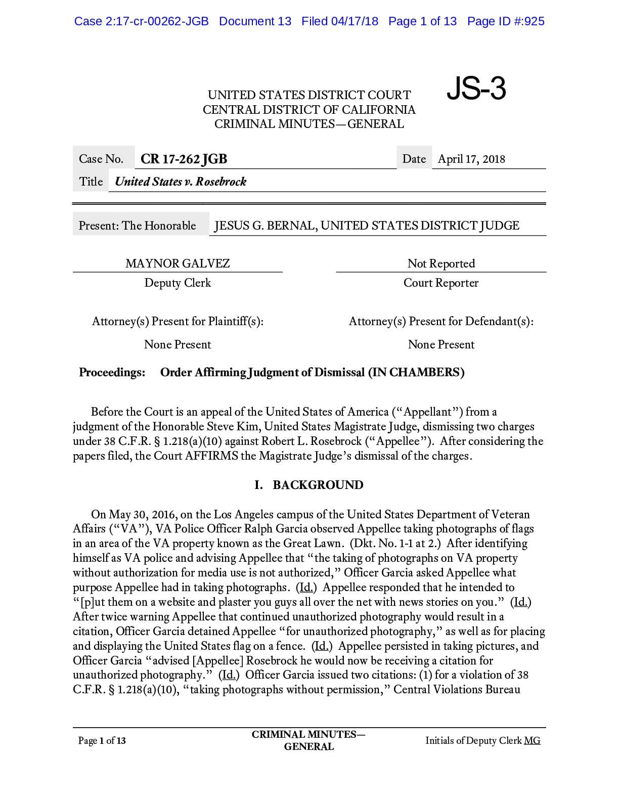 US v Rosebrock dismissal 17-262
