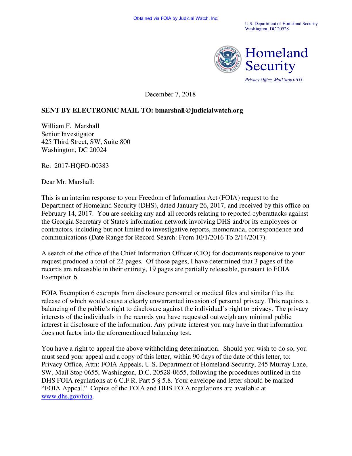 DHS Records on Georgia Election Systems 2020 FOIA