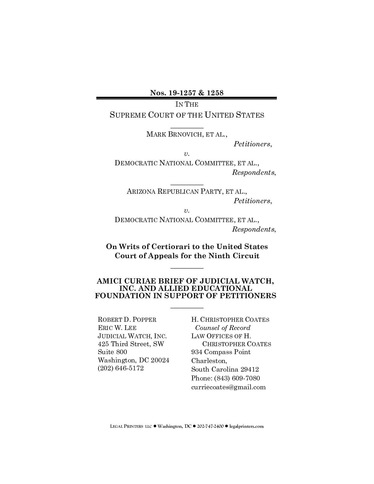 Brnovich et al. v DNC et al. SCOTUS Brief AZ 1257 1258