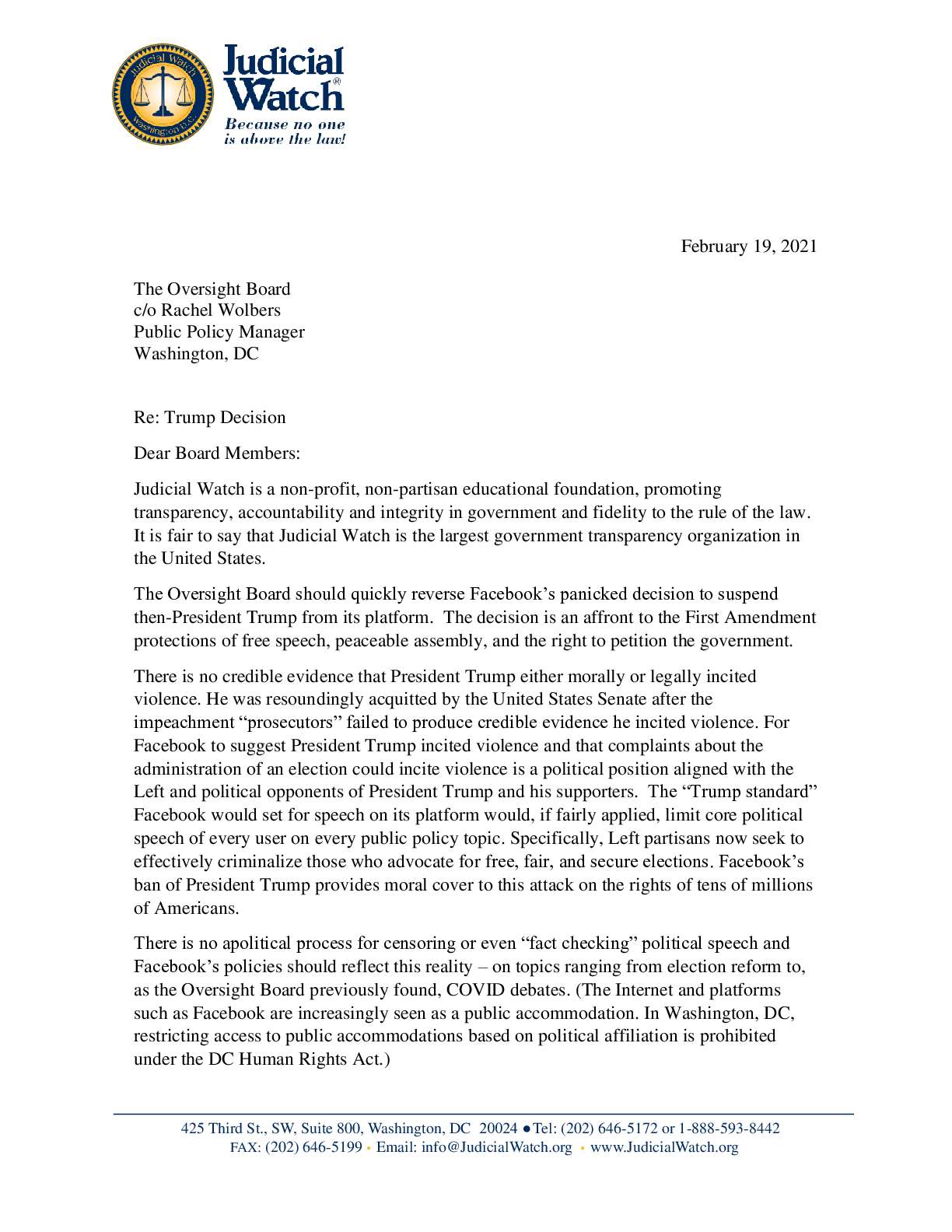 Facebook Oversight Letter