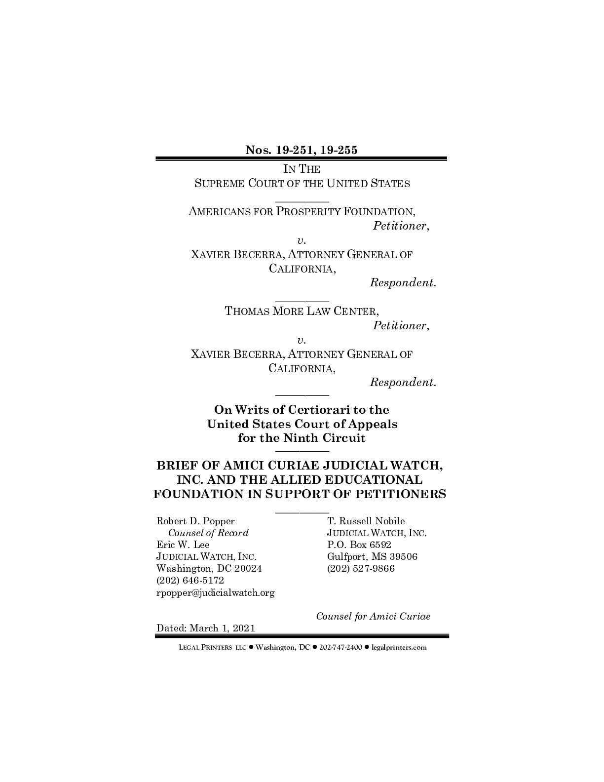 Americans for Prosperity v Becerra CA Donors Amicus 251 255