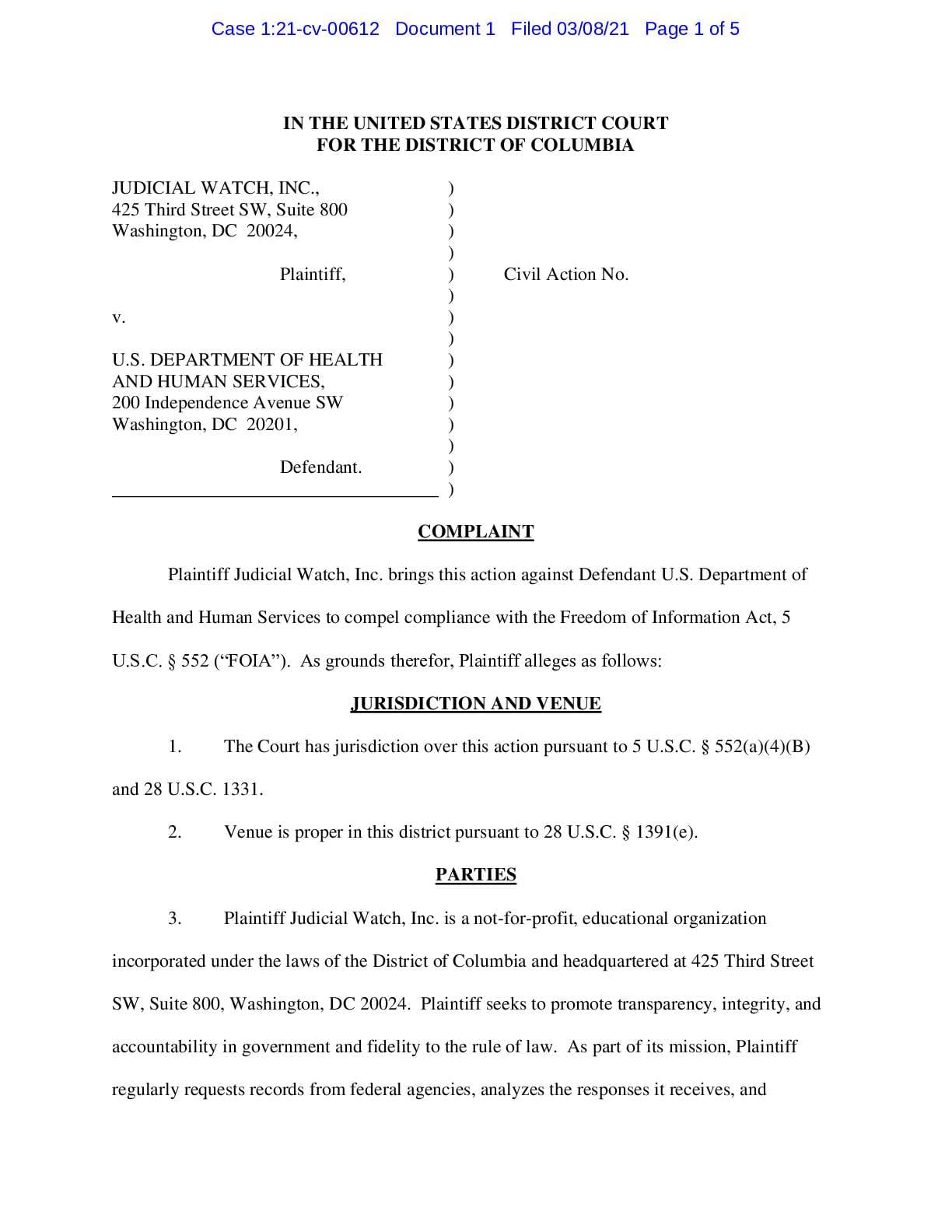 JW v HHS NY PA Nursing Home Records Complaint 00612