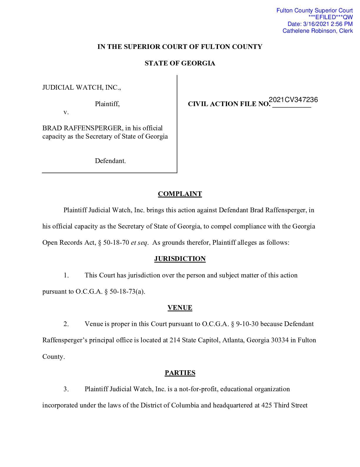 JW v Raffensperger Georgia ballots complaint 347236