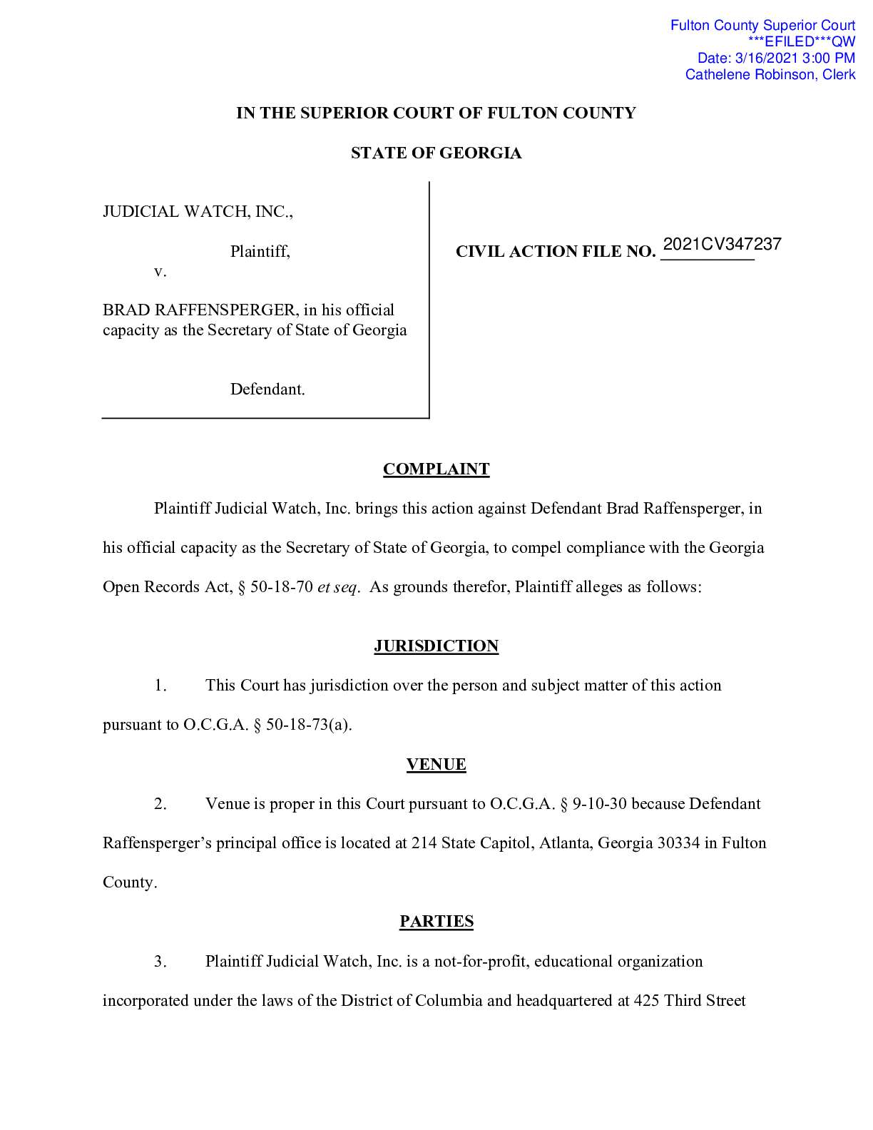 JW v Raffensperger Trump call complaint 347237