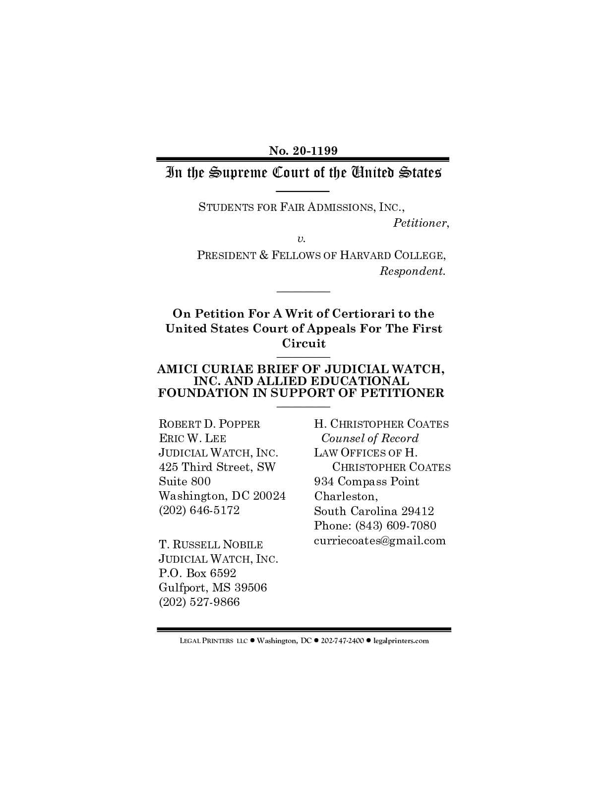 Students for Fair Admission v. Harvard et al. amici 20-1199