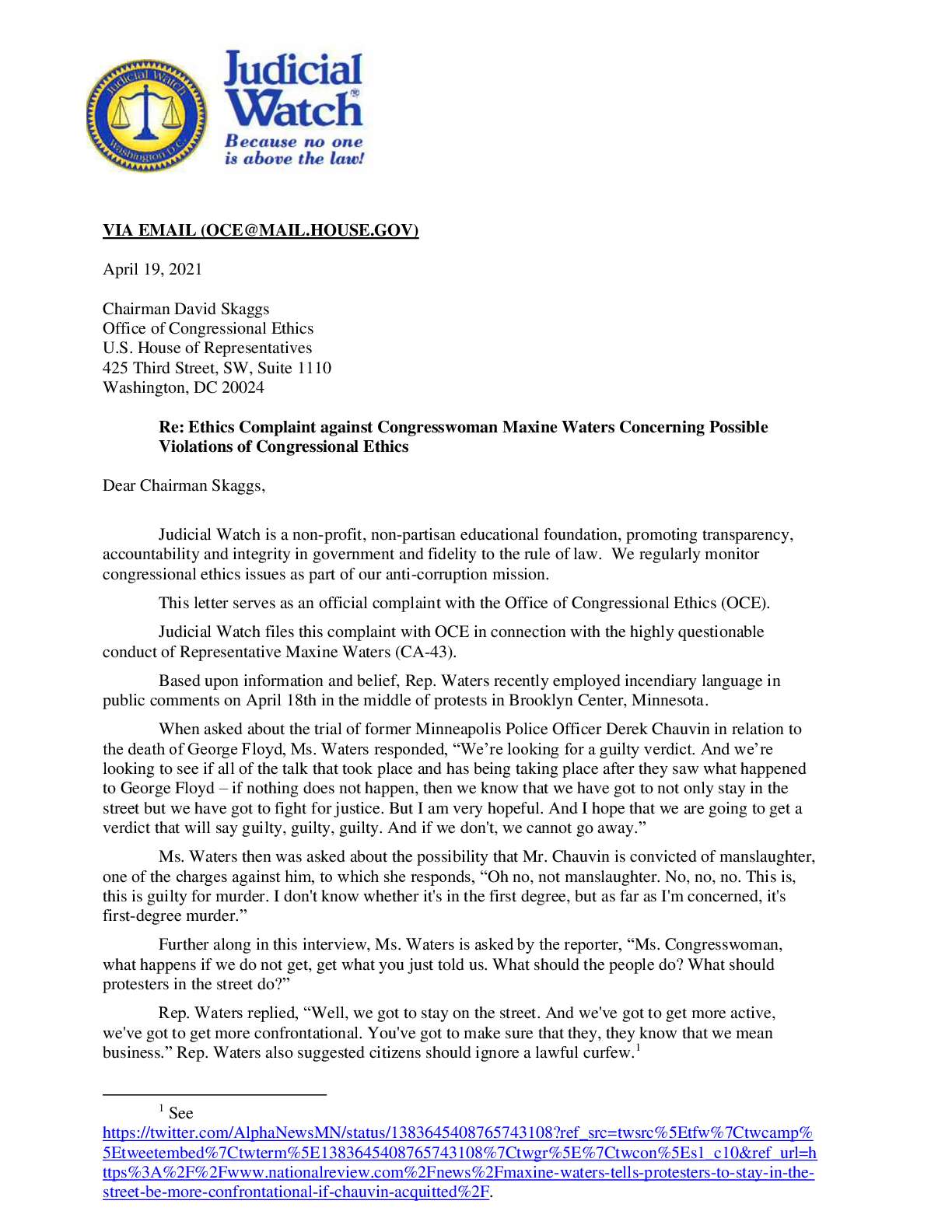 Waters Ethics Complaint 041921