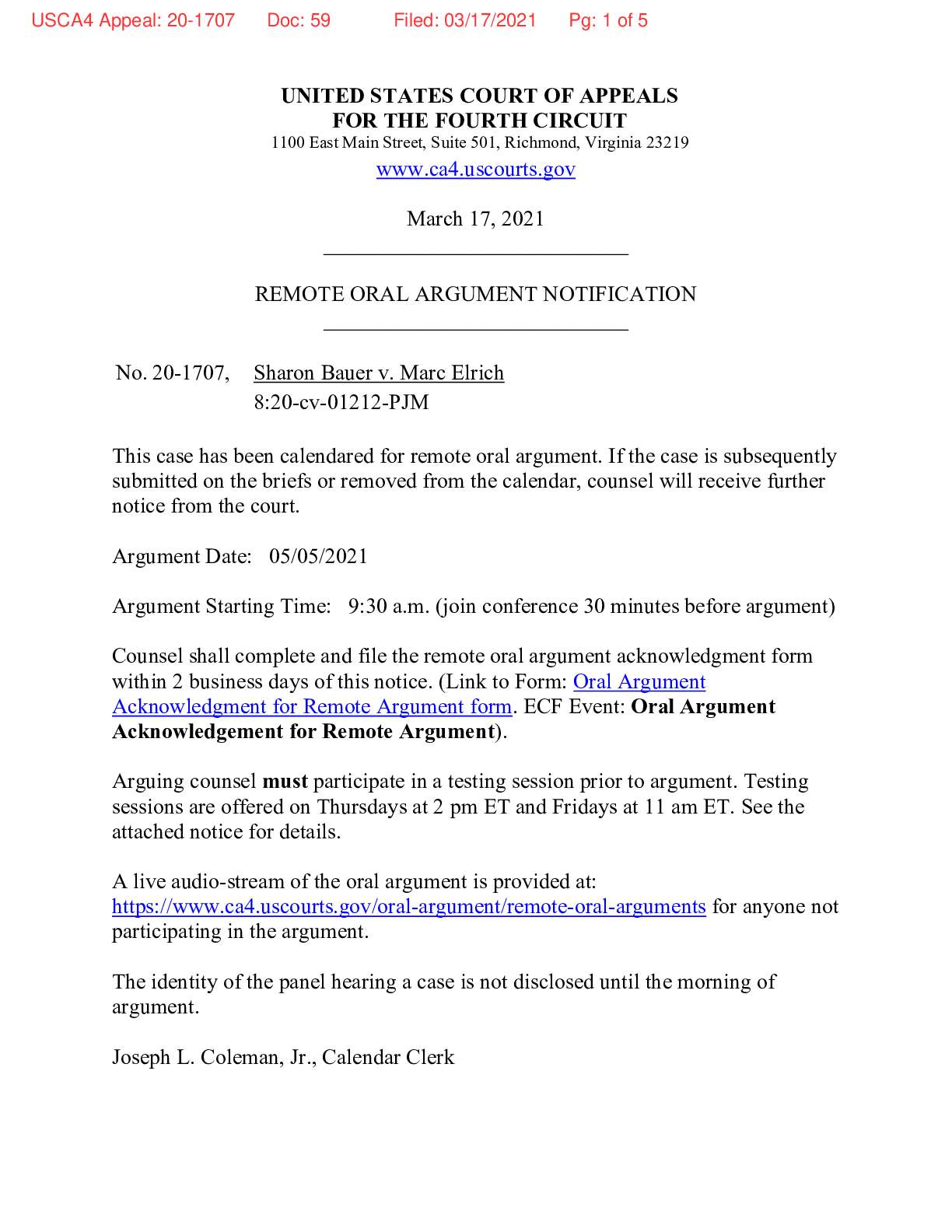 Bauer v Elrich Mont Co hearing 1707