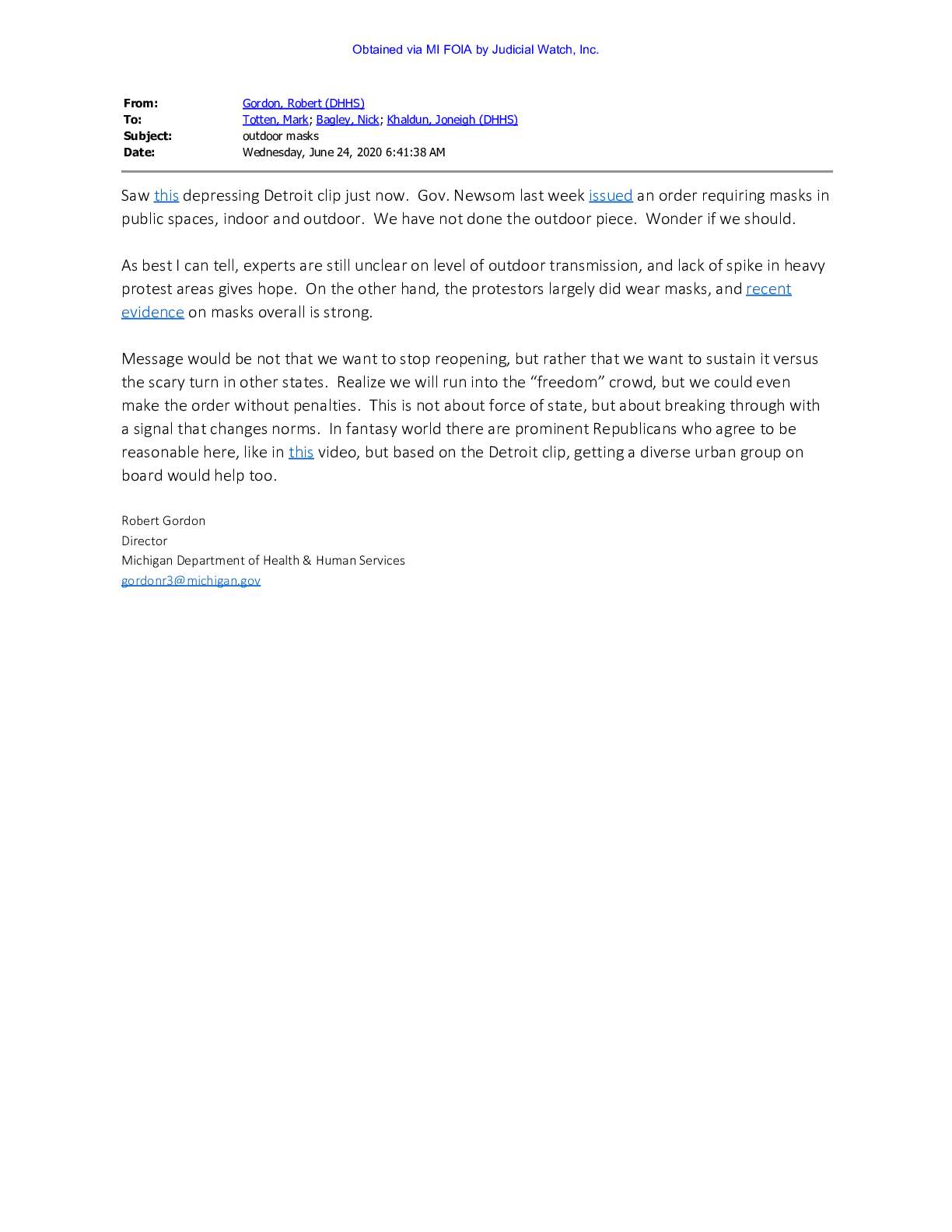 Michigan Health Director Robert Gordon April 2021 pg 523