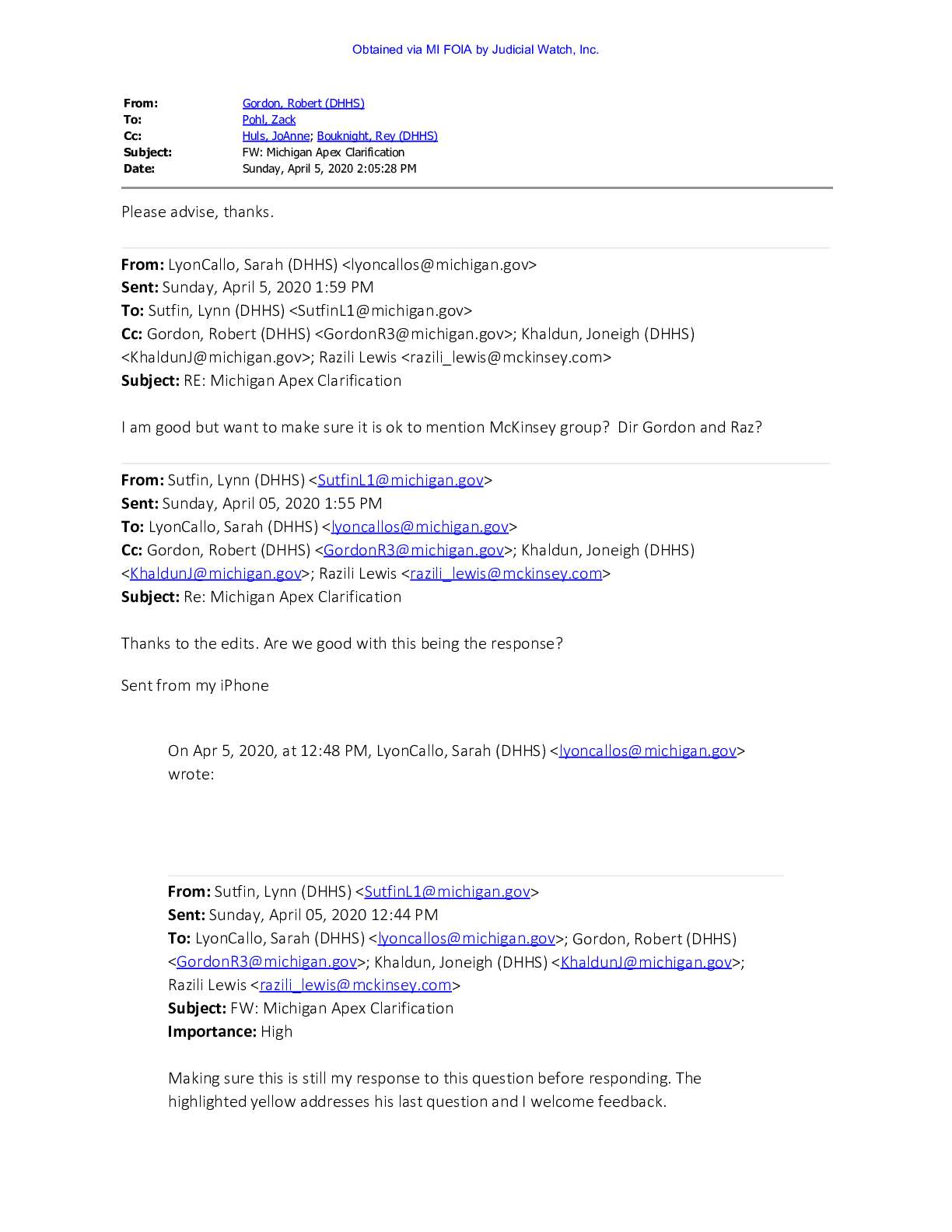 Michigan Health Director Robert Gordon April 2021 pgs 996-999