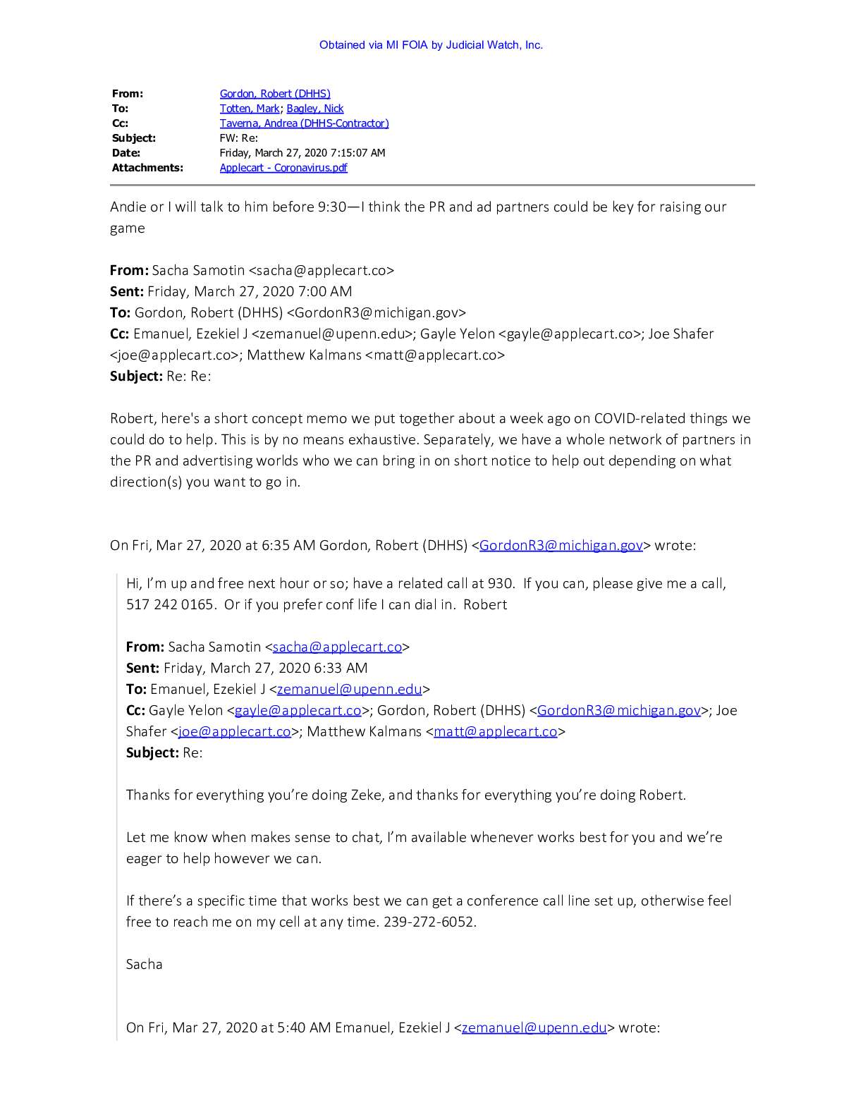 Michigan Health Director Robert Gordon April 2021 pgs 1160-1164